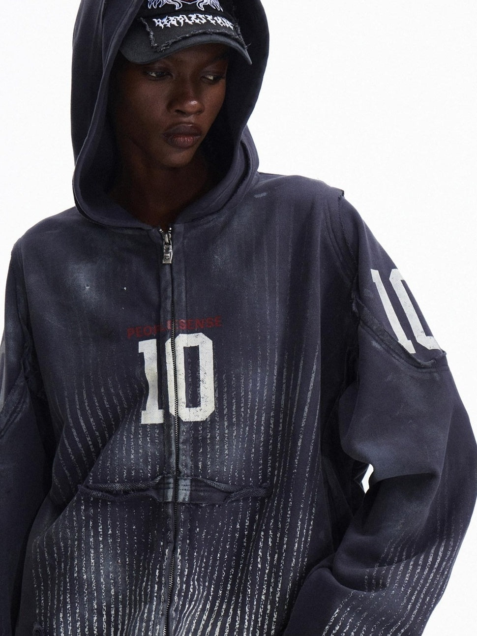 PEOPLESENSE Distressed Waterbased Print Loose Fit Unisex Cotton Blend Zip Up Navy Hoodies