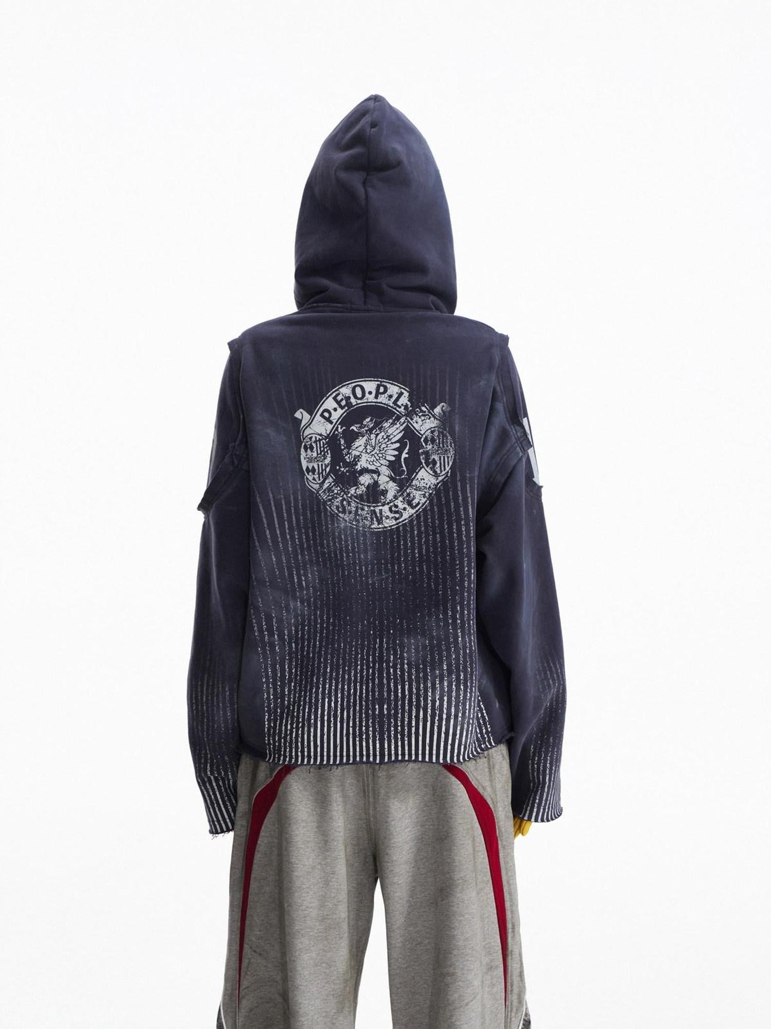 PEOPLESENSE Distressed Waterbased Print Loose Fit Unisex Cotton Blend Zip Up Navy Hoodies