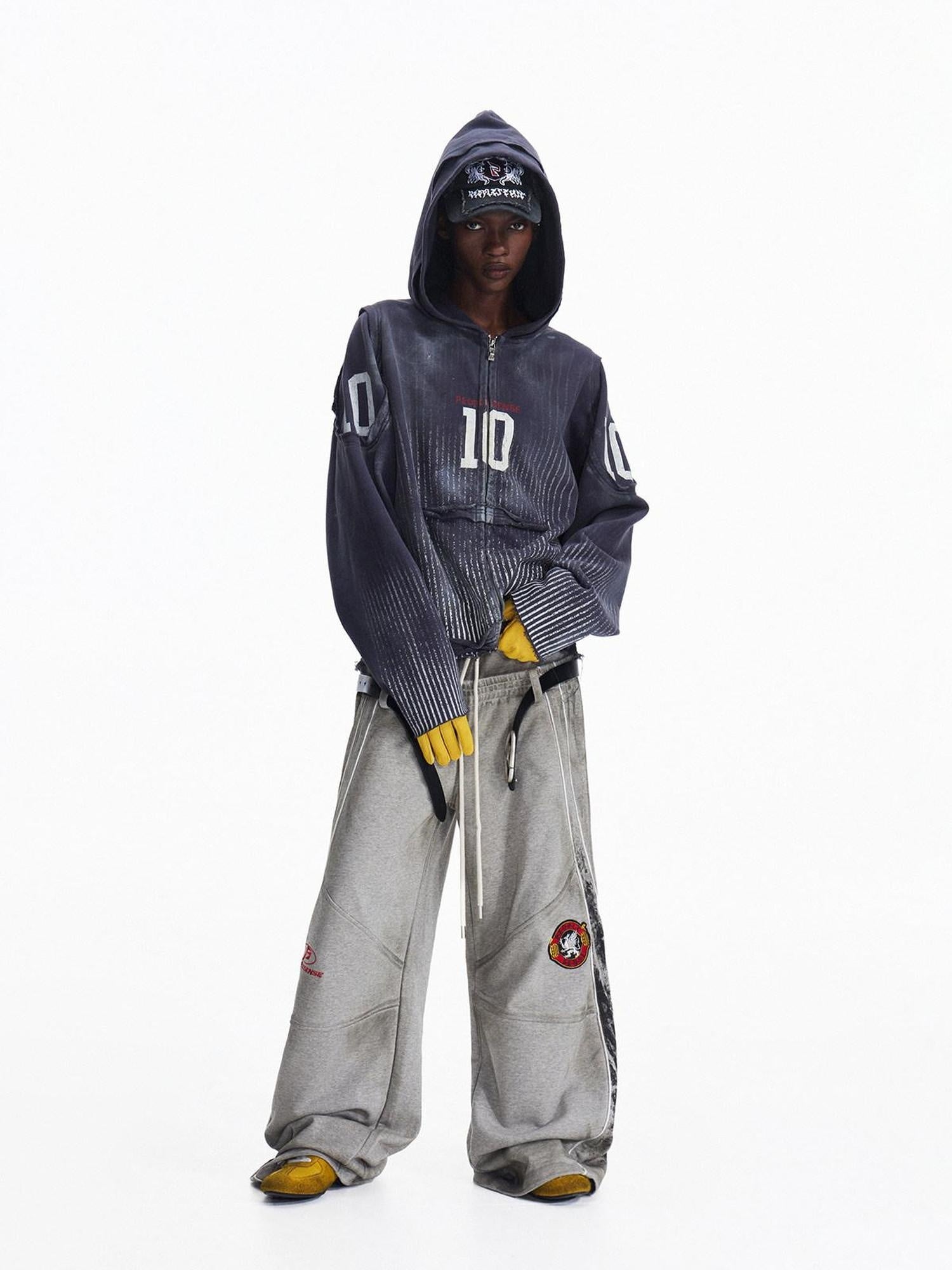 PEOPLESENSE Distressed Waterbased Print Loose Fit Unisex Cotton Blend Zip Up Navy Hoodies