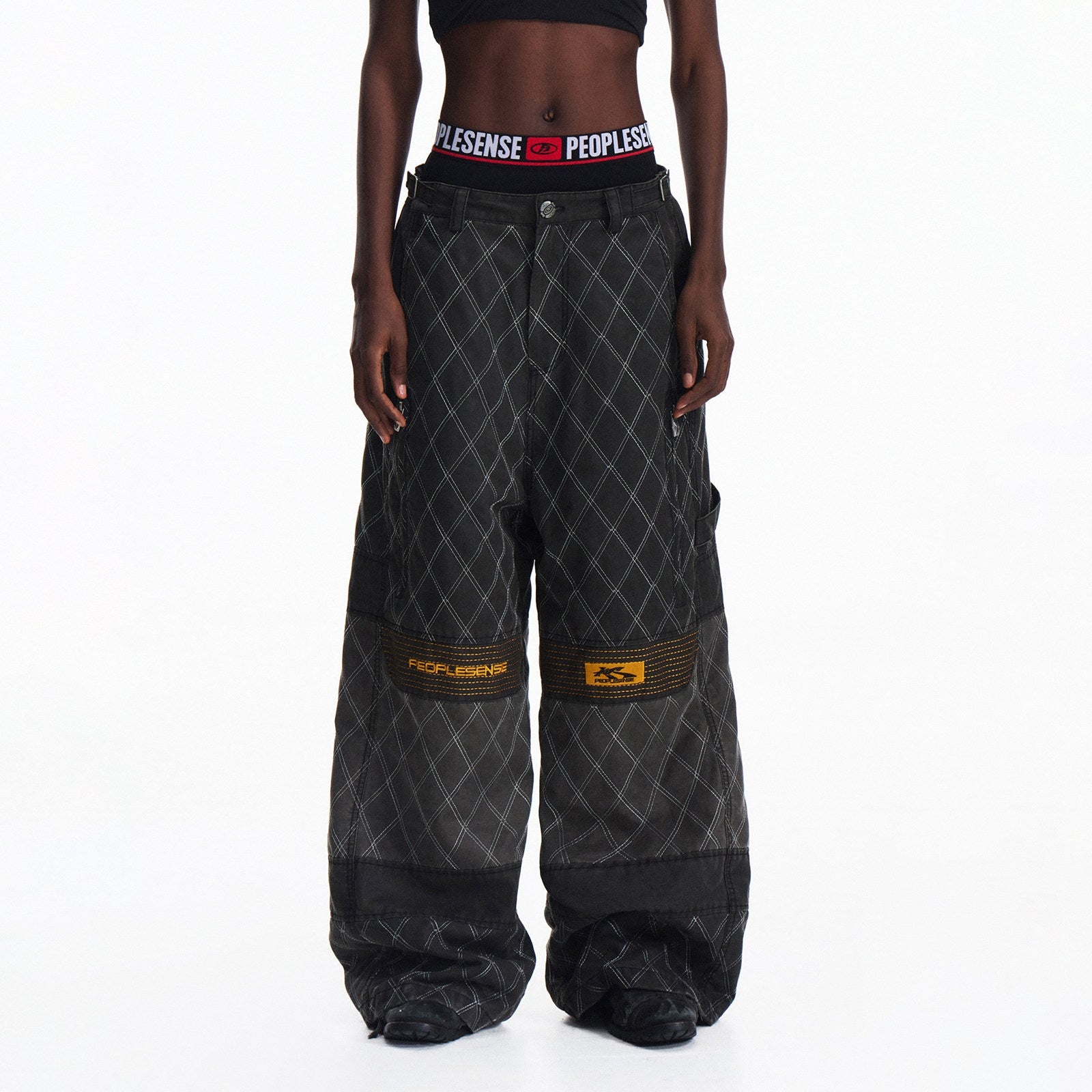 PEOPLESENSE_Embroidered_Distressed_Wide_Leg_Loose_Workwear_Black_Gray_Pants_MISSTT