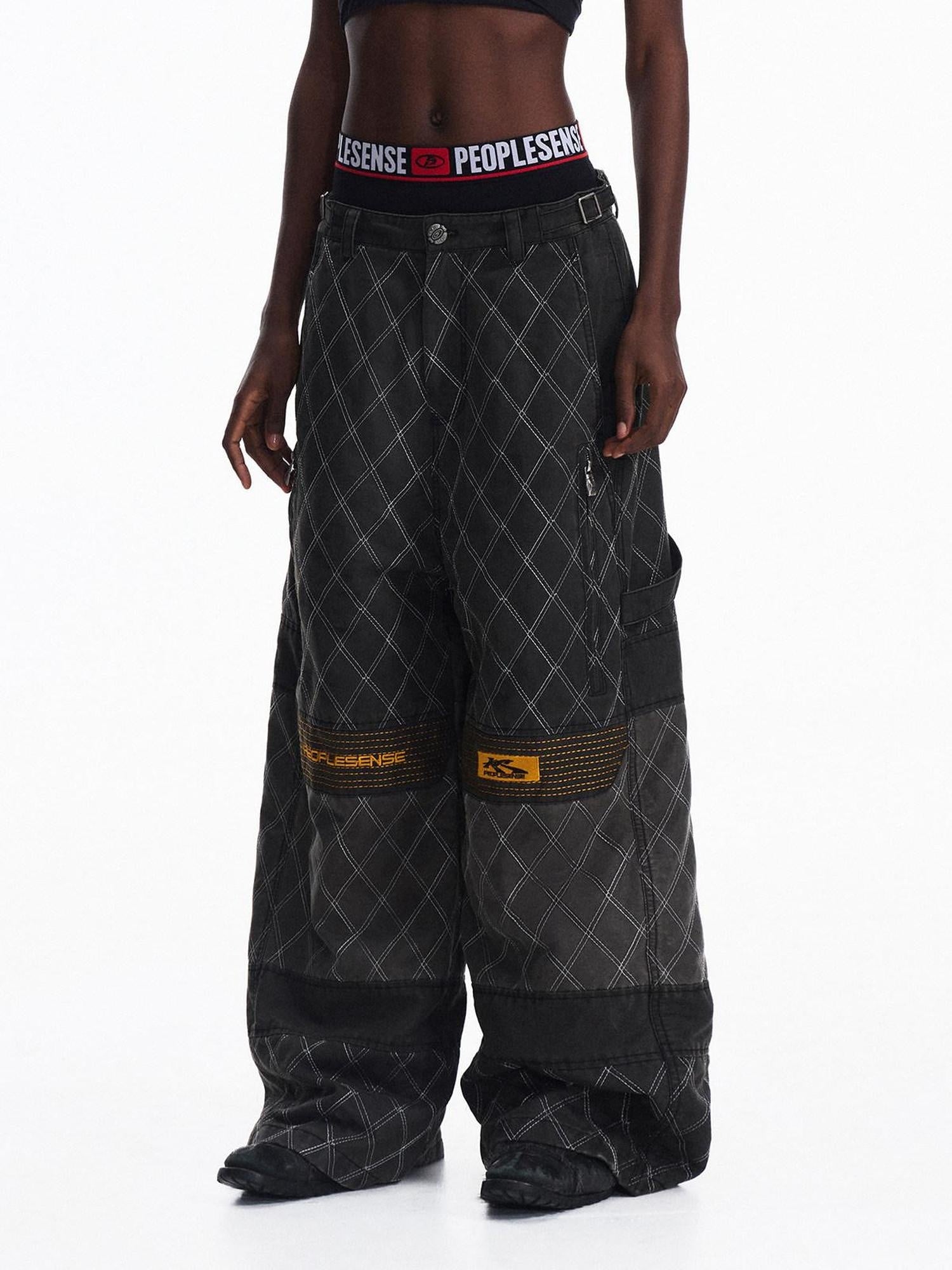 PEOPLESENSE Embroidered Distressed Wide Leg Loose Workwear Black Gray Pants