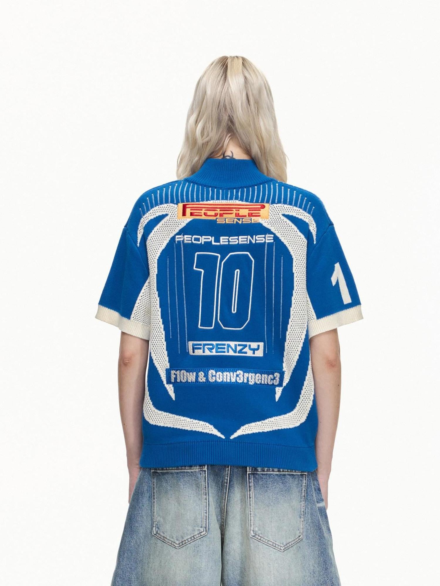 PEOPLESENSE F1 Racing Retro Football Mesh Zip Polo Knit Women&