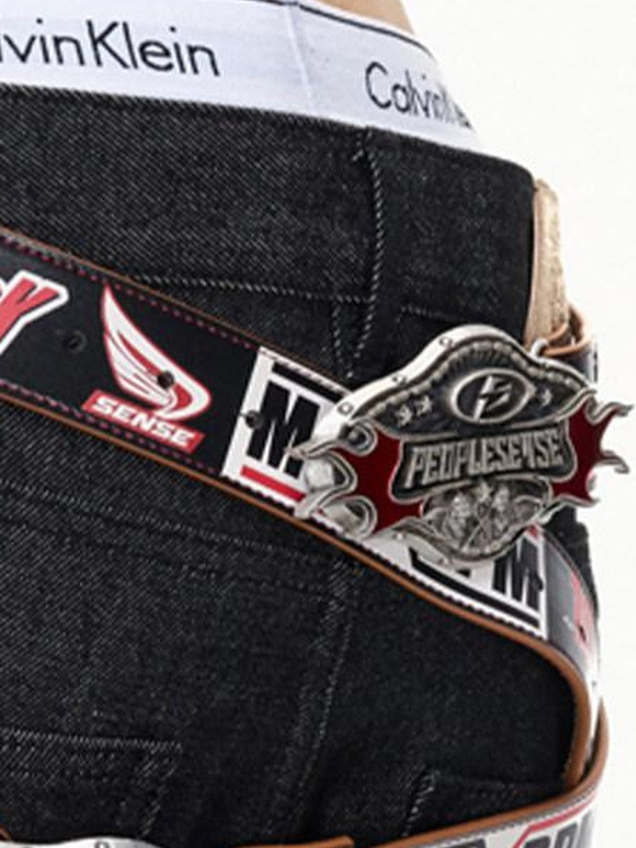 PEOPLESENSE Snake Print Biker Lettering Vintage Alloy Buckle Women&