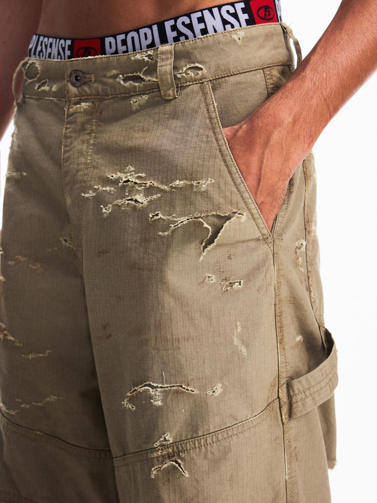 PEOPLESENSE Vintage Distressed Loose Cargo Workwear Mid Rise Khaki Cotton Pants
