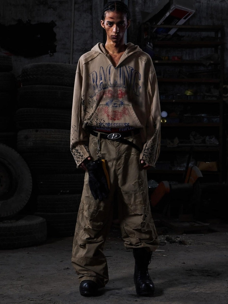 PEOPLESENSE Vintage Distressed Loose Cargo Workwear Mid Rise Khaki Cotton Pants