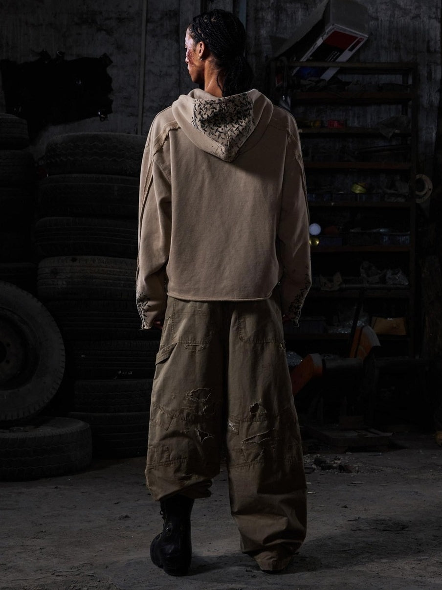 PEOPLESENSE Vintage Distressed Loose Cargo Workwear Mid Rise Khaki Cotton Pants