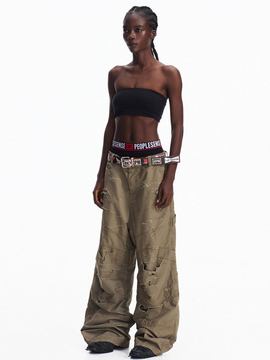 PEOPLESENSE Vintage Distressed Loose Cargo Workwear Mid Rise Khaki Cotton Pants