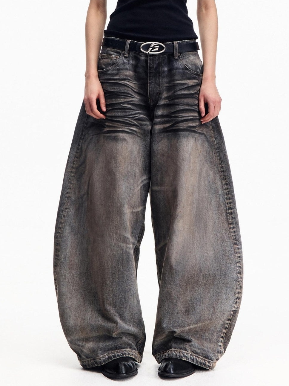 PEOPLESENSE Vintage Distressed Washed Midrise Oversized Unisex Casual Grey 100% Cotton Jeans