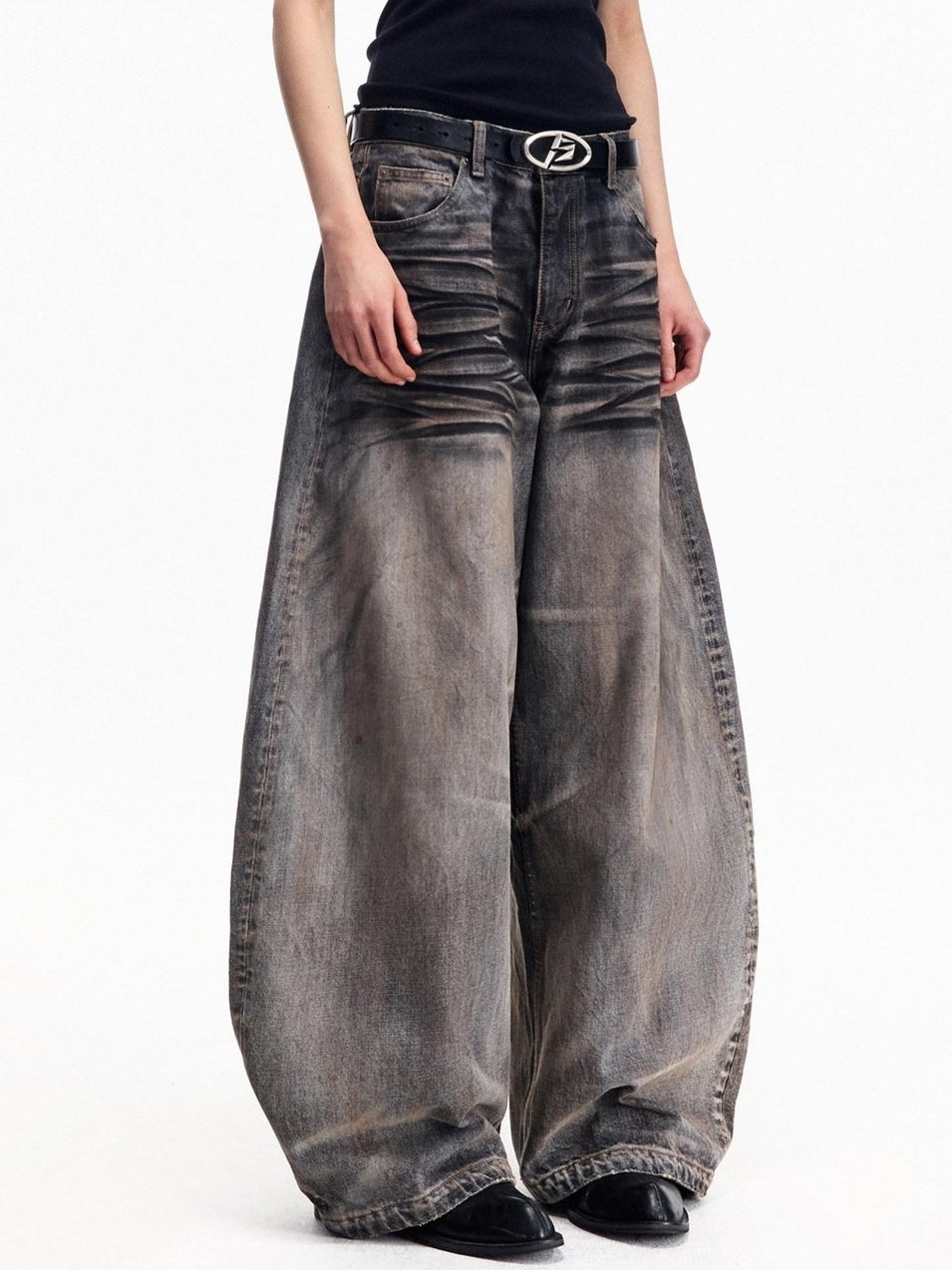 PEOPLESENSE Vintage Distressed Washed Midrise Oversized Unisex Casual Grey 100% Cotton Jeans