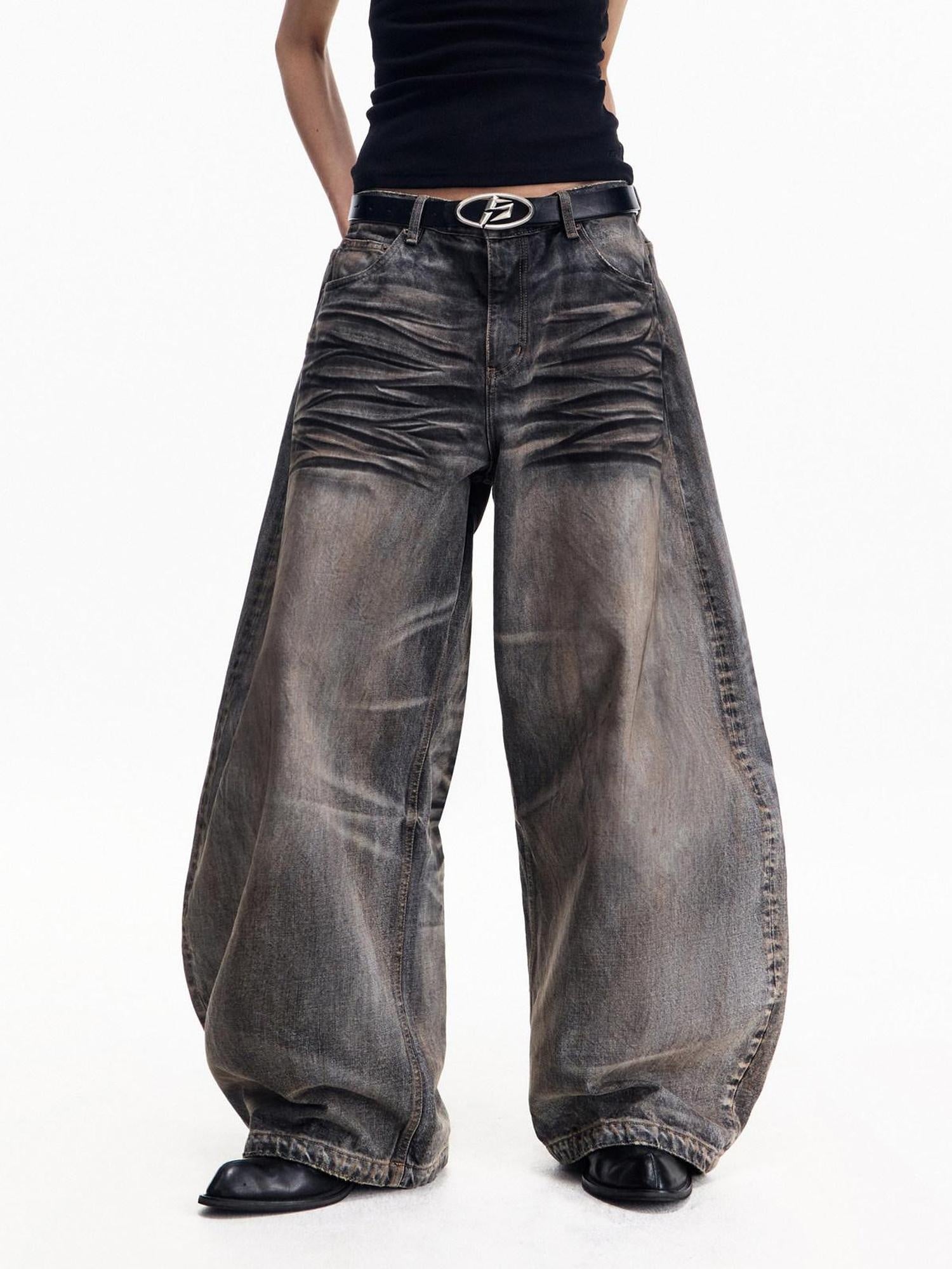PEOPLESENSE Vintage Distressed Washed Midrise Oversized Unisex Casual Grey 100% Cotton Jeans