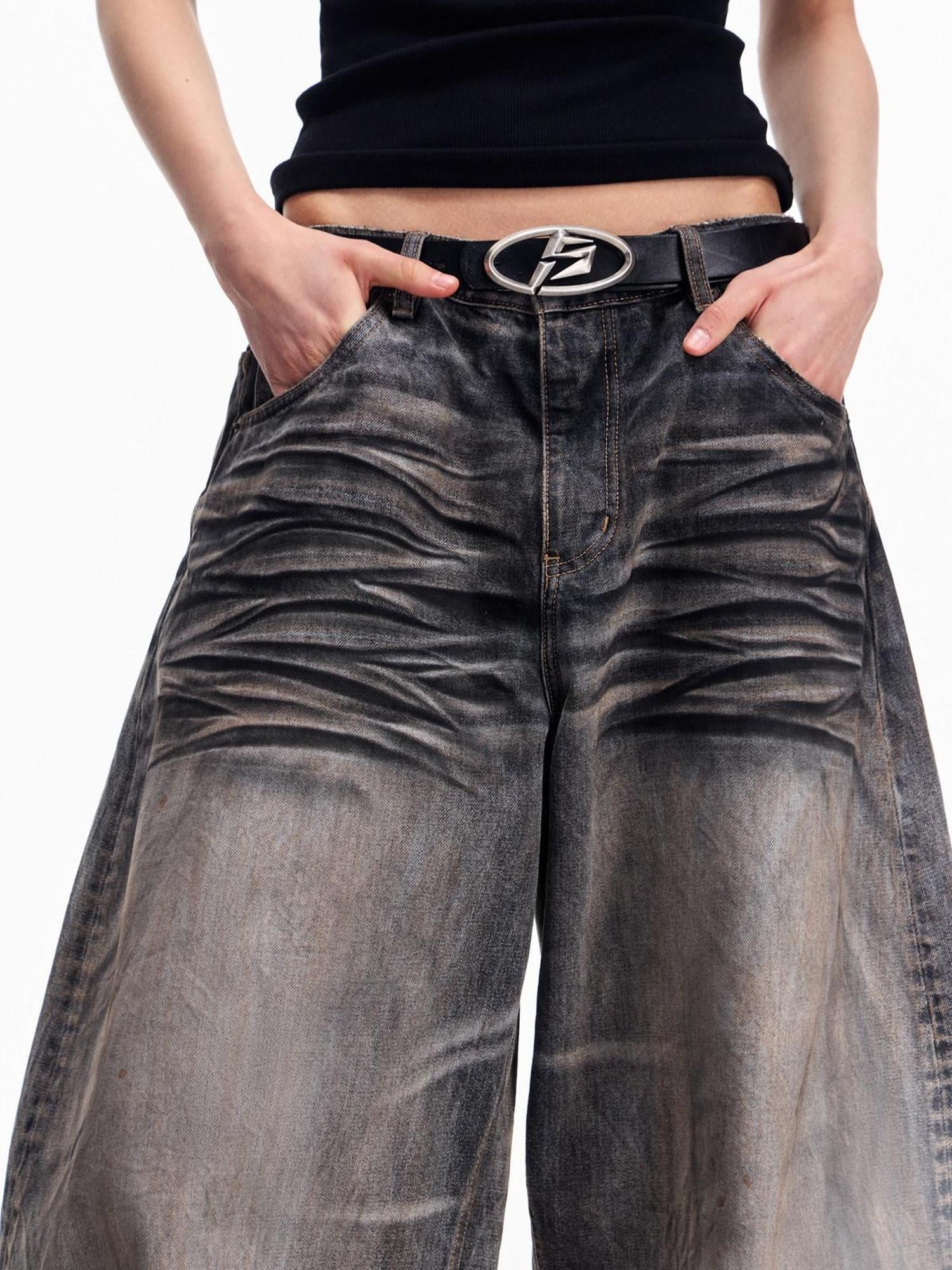 PEOPLESENSE Vintage Distressed Washed Midrise Oversized Unisex Casual Grey 100% Cotton Jeans