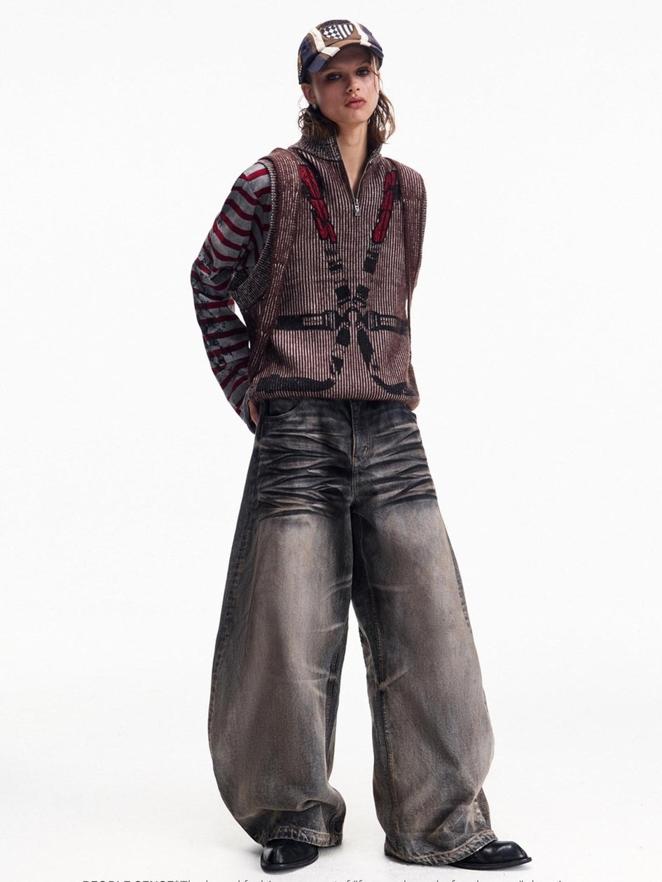 PEOPLESENSE Vintage Distressed Washed Midrise Oversized Unisex Casual Grey 100% Cotton Jeans