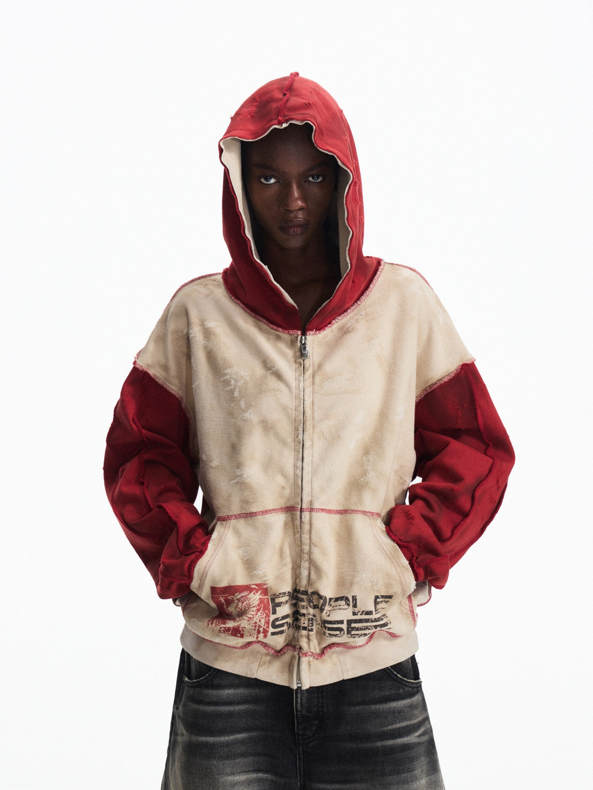 PEOPLESENSE_Vintage_Washed_Loose_Fit_Hooded_Zip_Up_V-ceck_Logo_Cotton_Blend_Unisex_Hoodies_MISSTT
