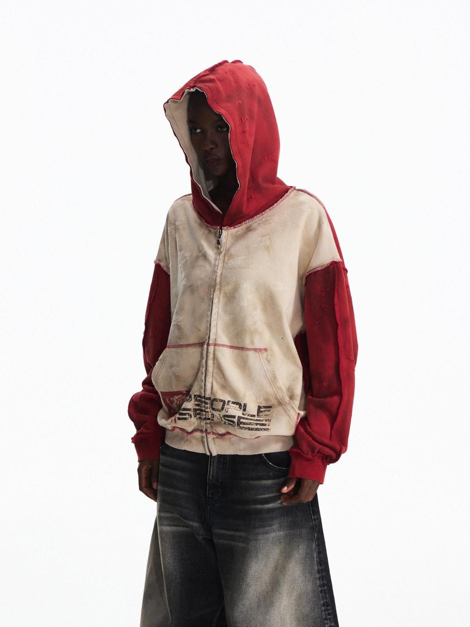 PEOPLESENSE Vintage Washed Loose Fit Hooded Zip Up V-ceck Logo Cotton Blend Unisex Hoodies