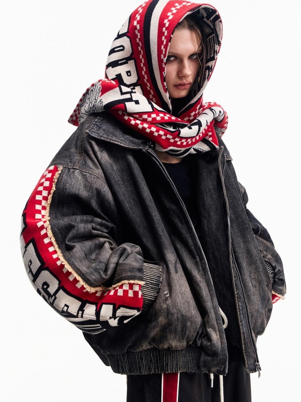 PEOPLESENSE Warm Washed Cotton Fill Loose Fit Detachable Scarf Hood Black Puffer Jacket