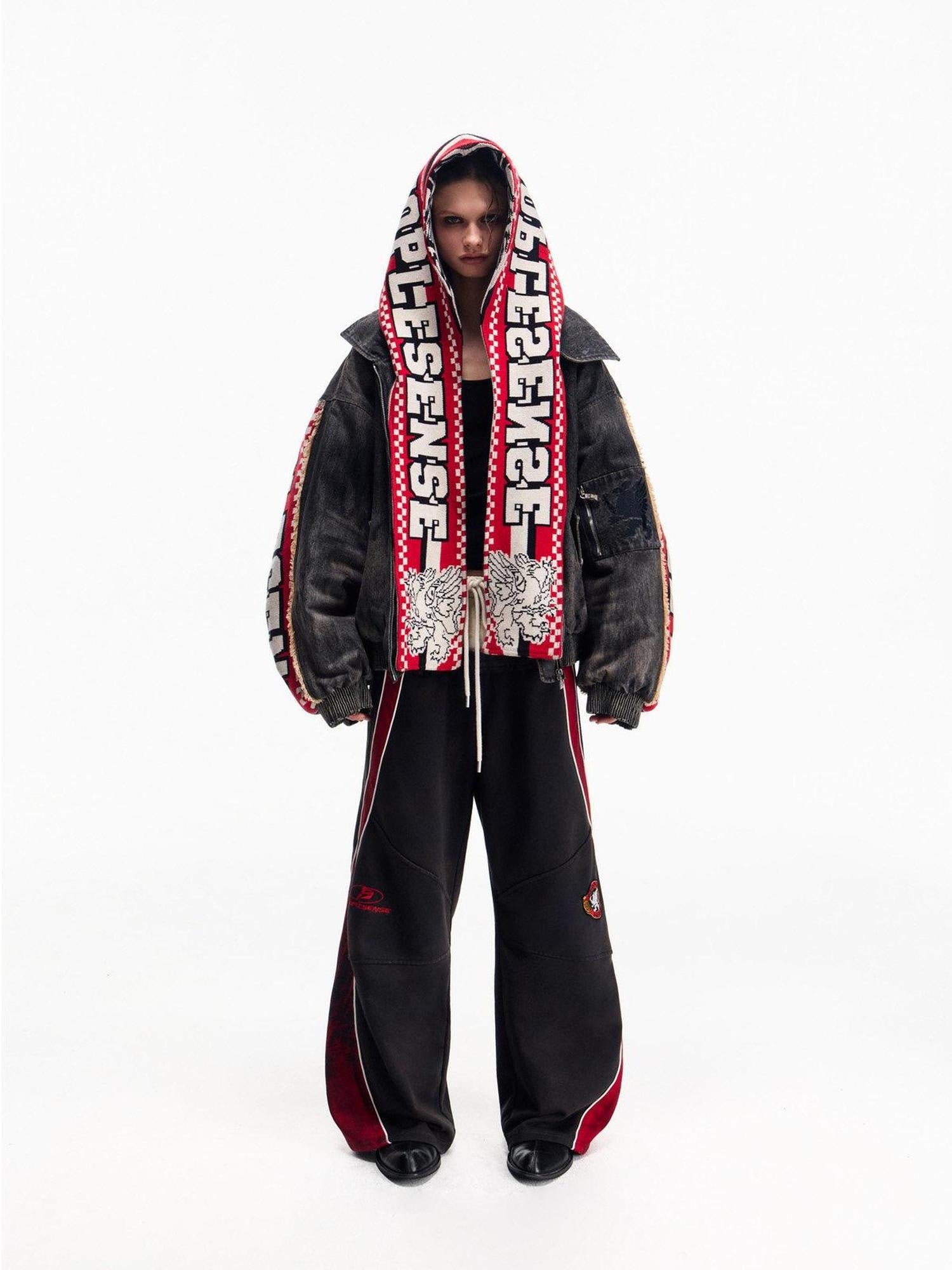 PEOPLESENSE Warm Washed Cotton Fill Loose Fit Detachable Scarf Hood Black Puffer Jacket