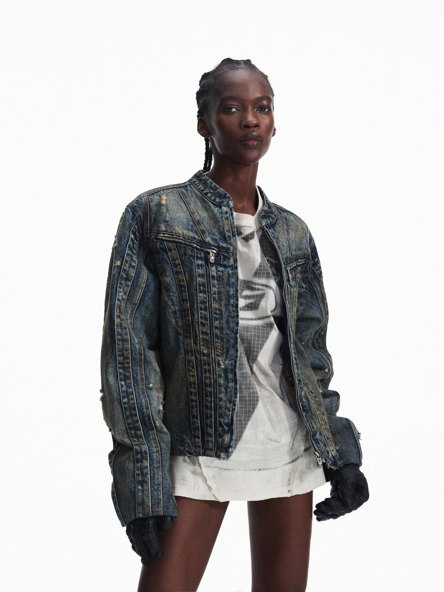 PEOPLESENSE Washed Denim Pure Cotton Slim Fit Patchwork Urban Short Zip Unisex Jacket