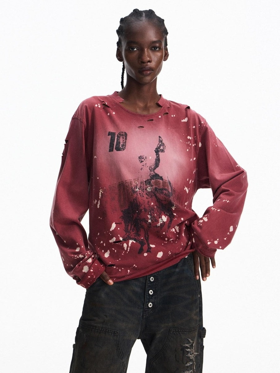 PEOPLESENSE Washed Distressed Loose Vintage Horse Print Unisex 100Percent Cotton T-Shirt