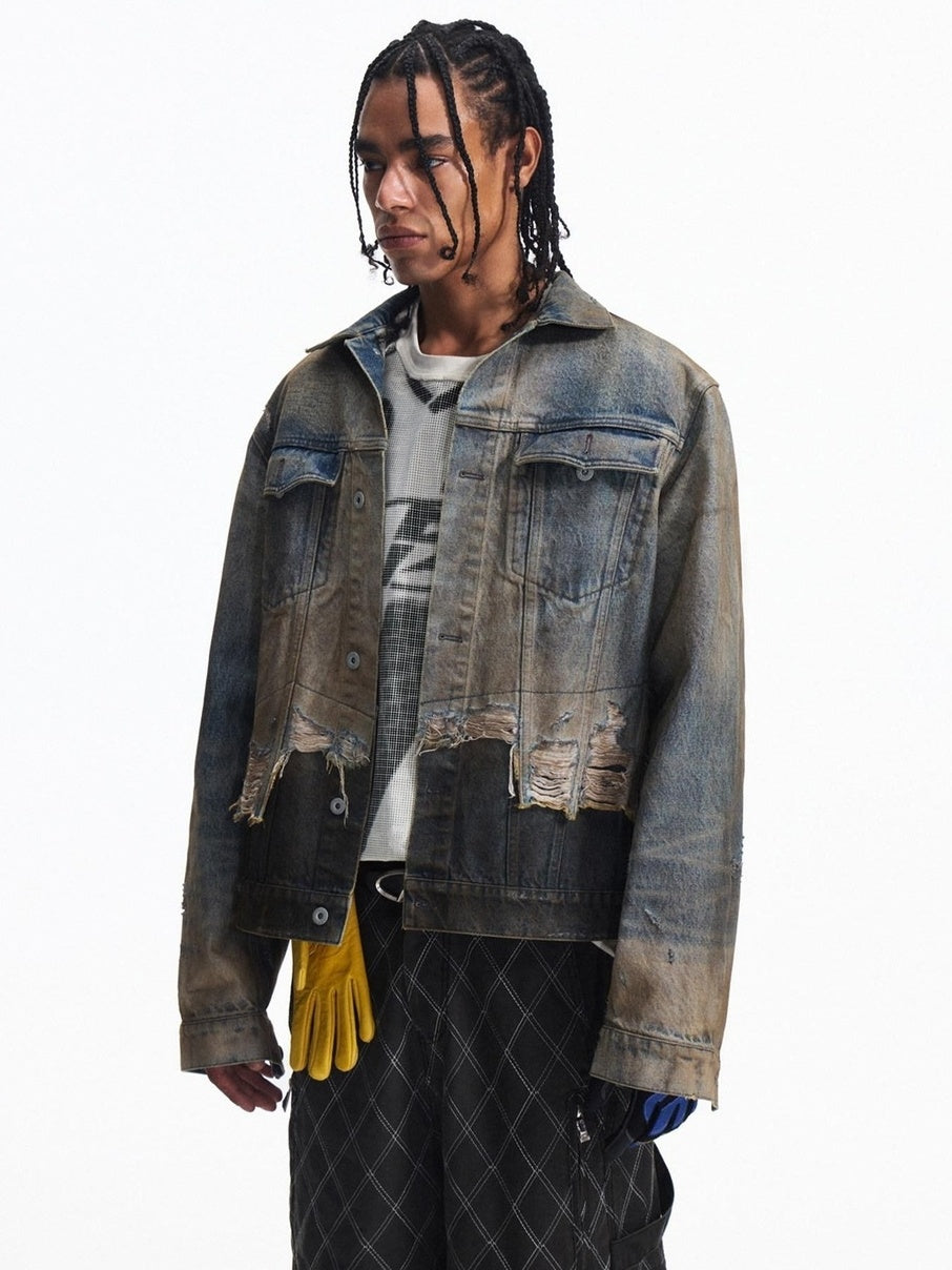 PEOPLESENSE Washed Patchwork Slim Fit Short Gradient Collar Long Sleeve Unisex Denim Jacket