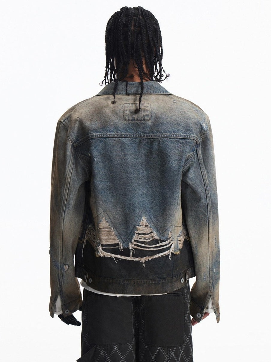 PEOPLESENSE Washed Patchwork Slim Fit Short Gradient Collar Long Sleeve Unisex Denim Jacket