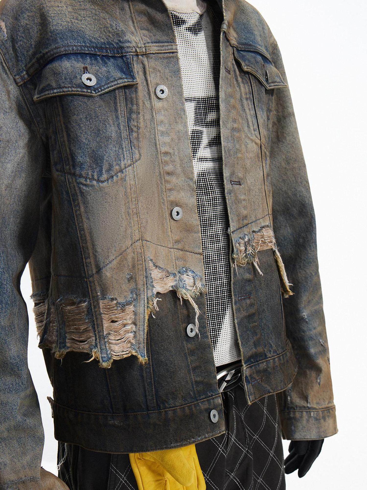 PEOPLESENSE Washed Patchwork Slim Fit Short Gradient Collar Long Sleeve Unisex Denim Jacket