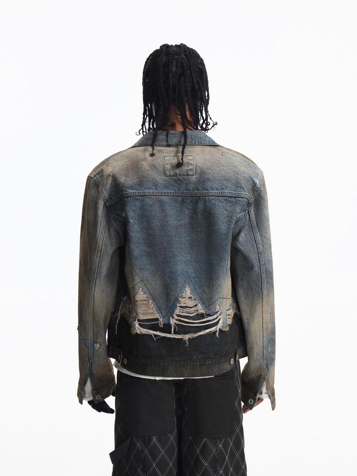 PEOPLESENSE Washed Patchwork Slim Fit Short Gradient Collar Long Sleeve Unisex Denim Jacket