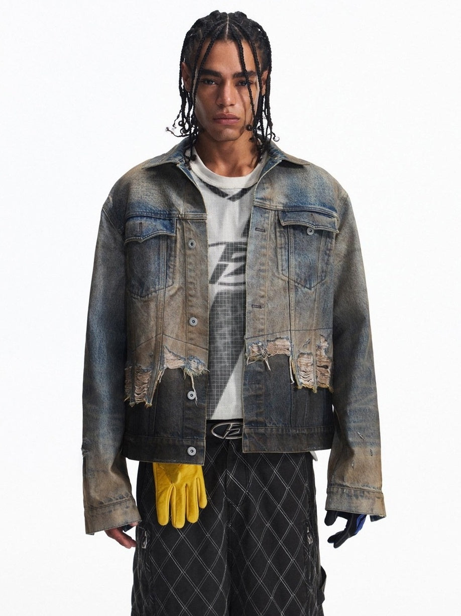 PEOPLESENSE Washed Patchwork Slim Fit Short Gradient Collar Long Sleeve Unisex Denim Jacket