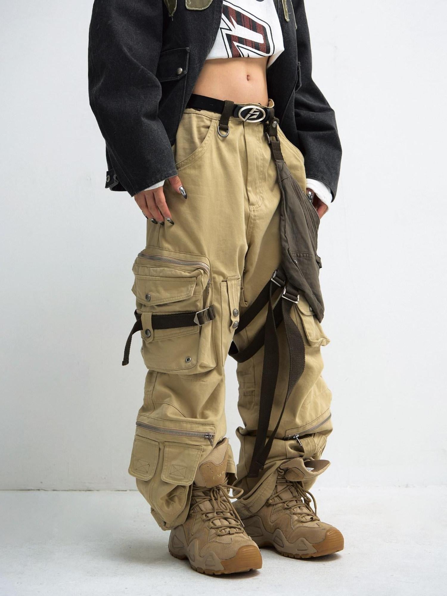 PEOPLESENSE Wrinkle Free Khaki Patchwork Straight Cargo Mid Rise Cotton Teen Casual Pants