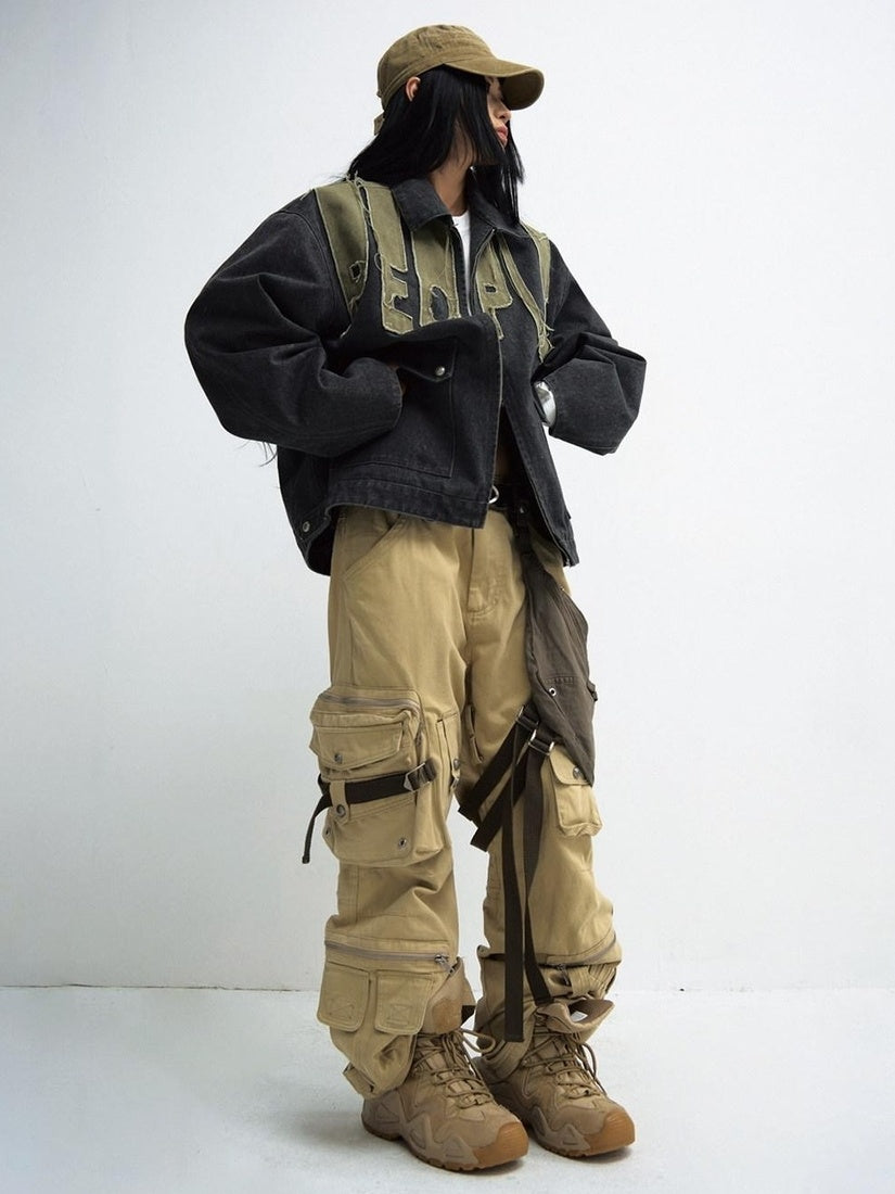 PEOPLESENSE Wrinkle Free Khaki Patchwork Straight Cargo Mid Rise Cotton Teen Casual Pants