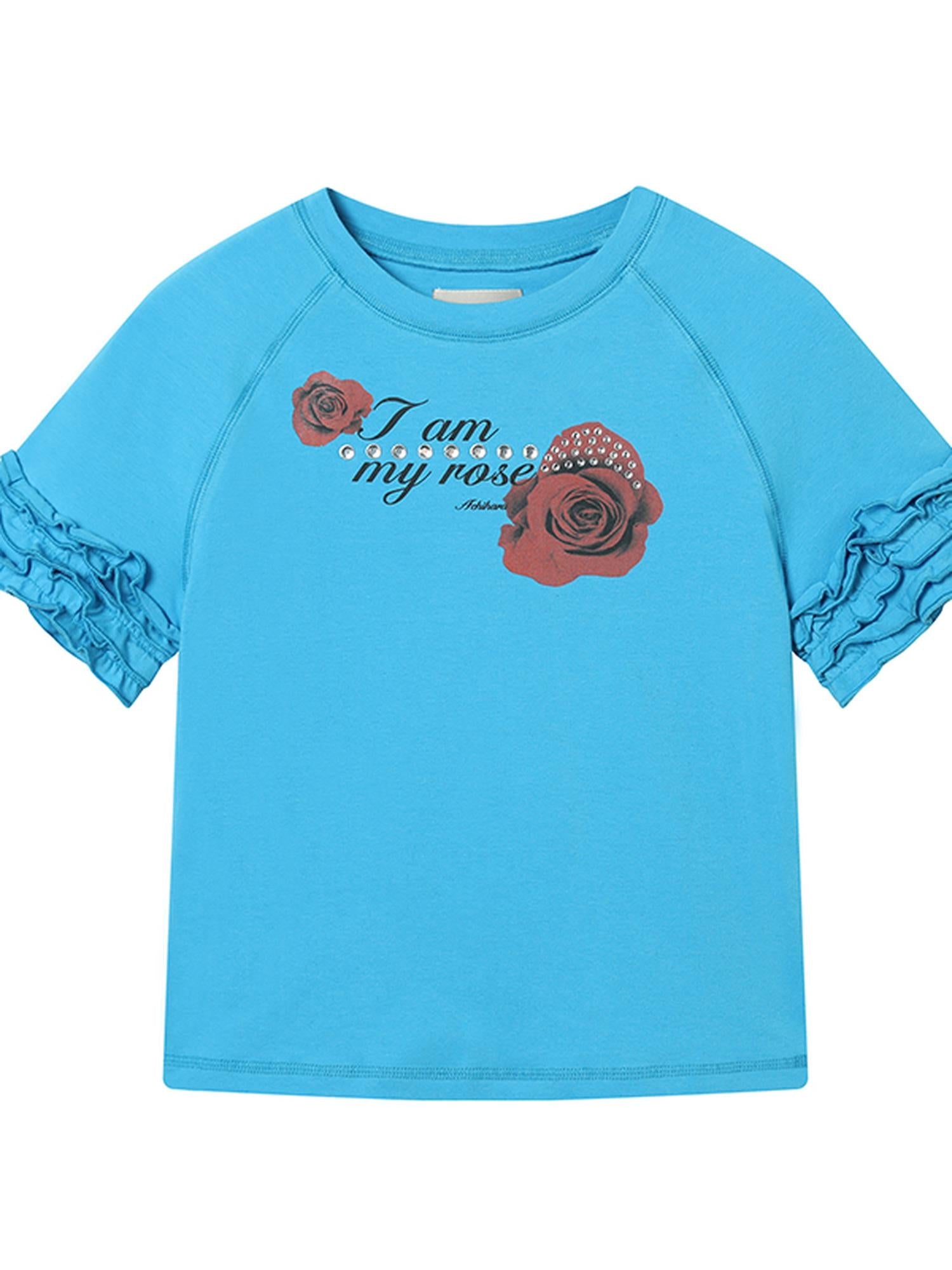 Achihara Roseprint Floral Sleeve Cropped Tee