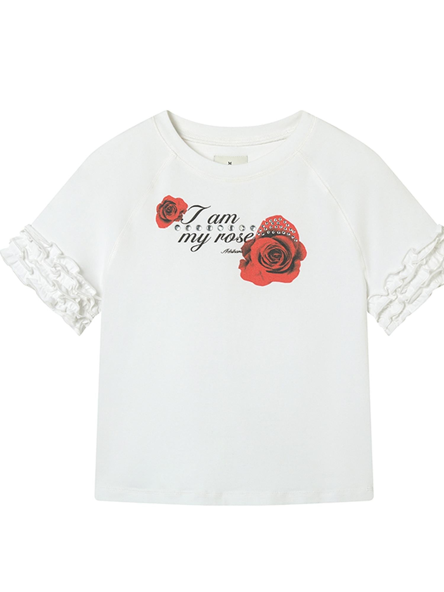 Achihara Roseprint Floral Sleeve Cropped Tee