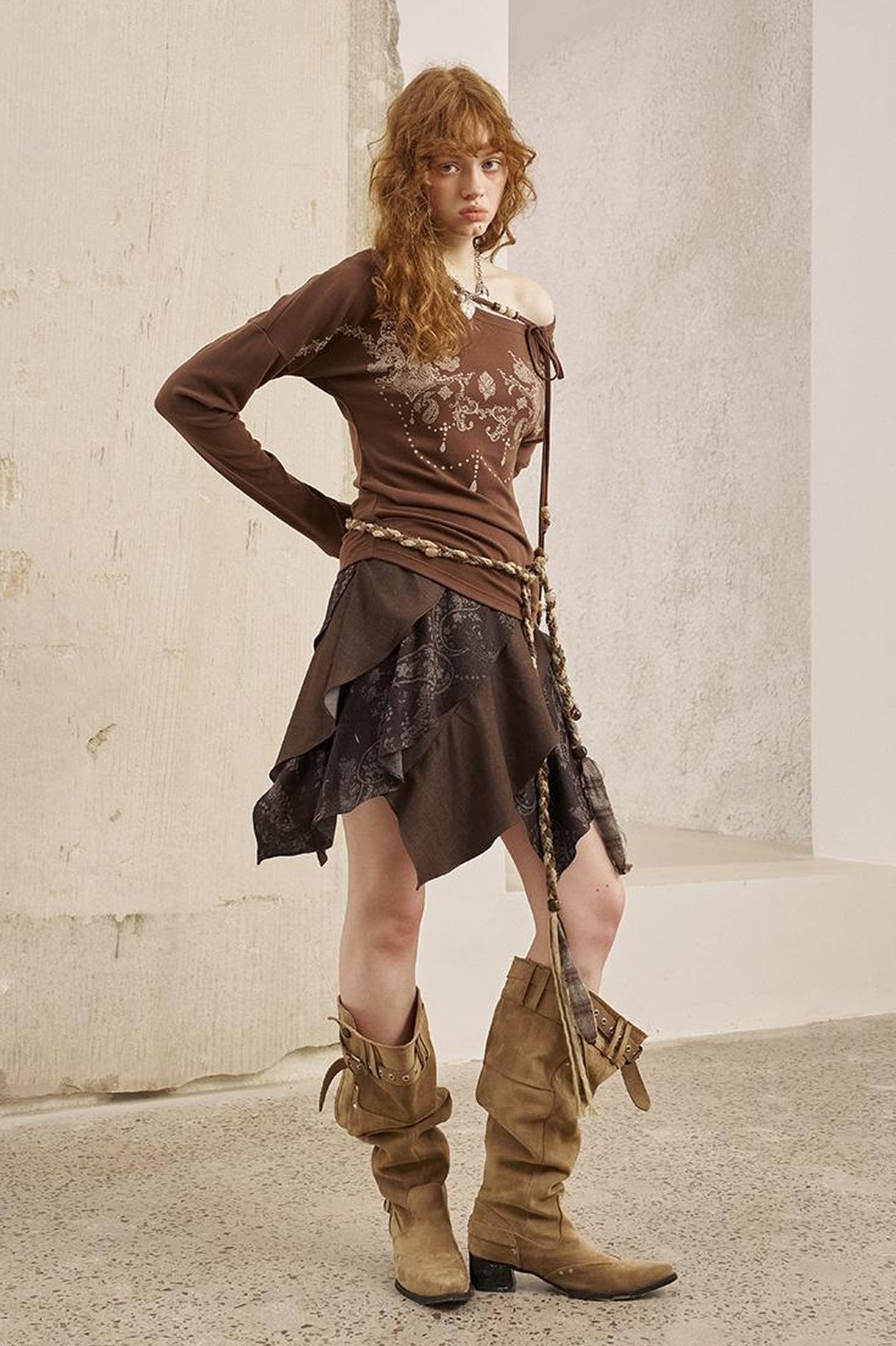DIDDI MODA Paisley Patchwork Wave Hem A Line Skirt