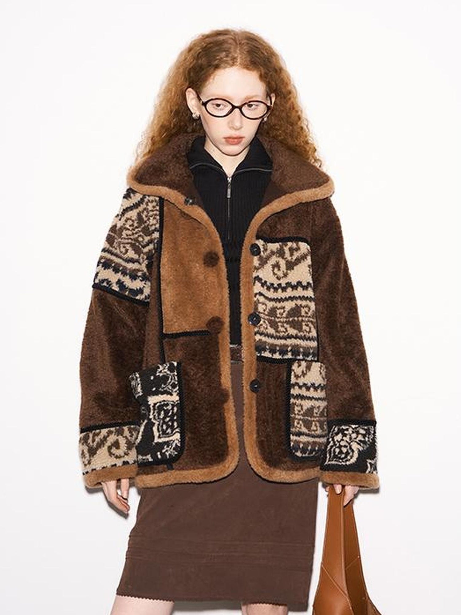 DIDDI MODA Paisley Sherpa Fleece Jacket Unisex Retro Cozy Windproof