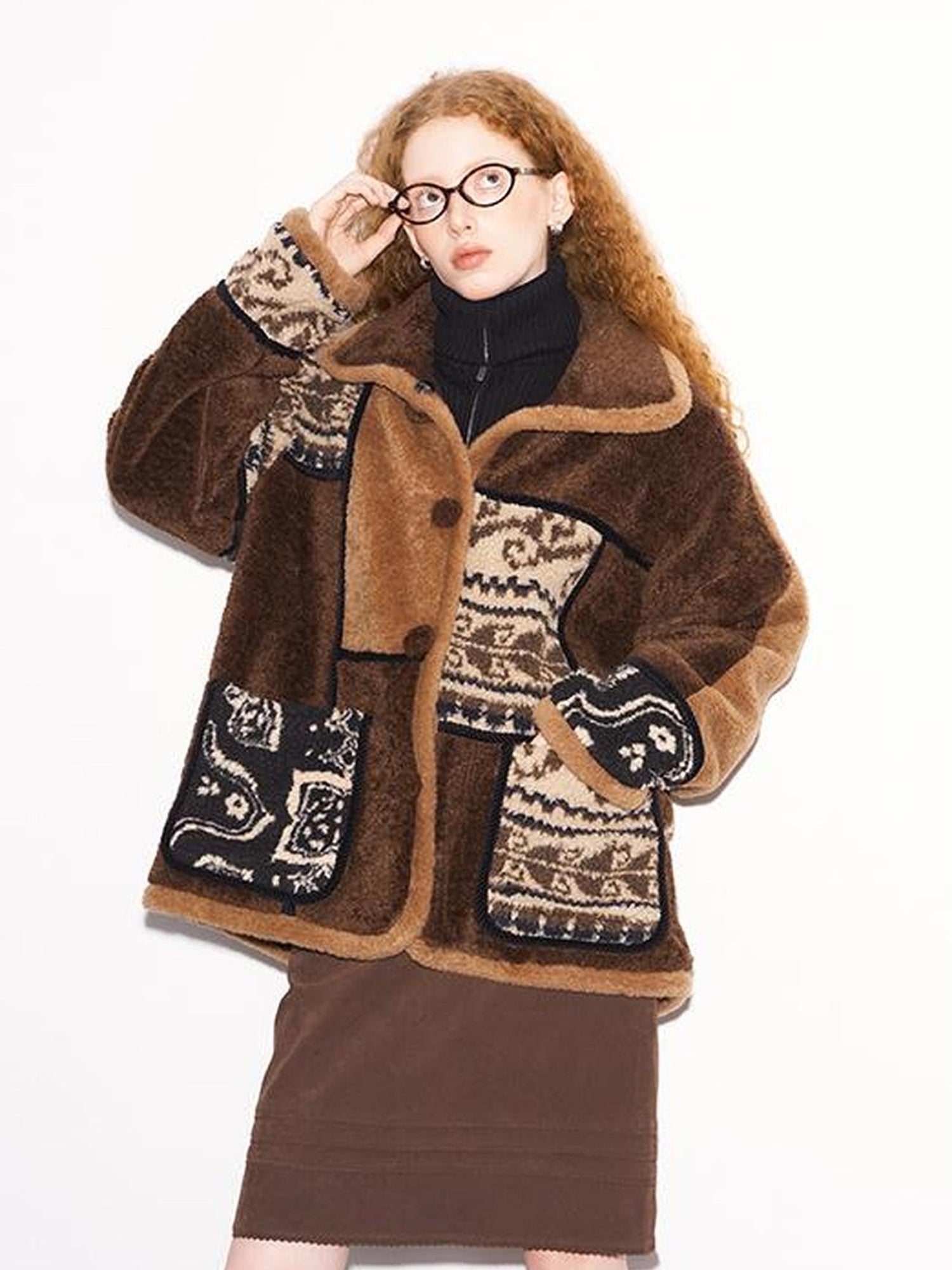 DIDDI MODA Paisley Sherpa Fleece Jacket Unisex Retro Cozy Windproof