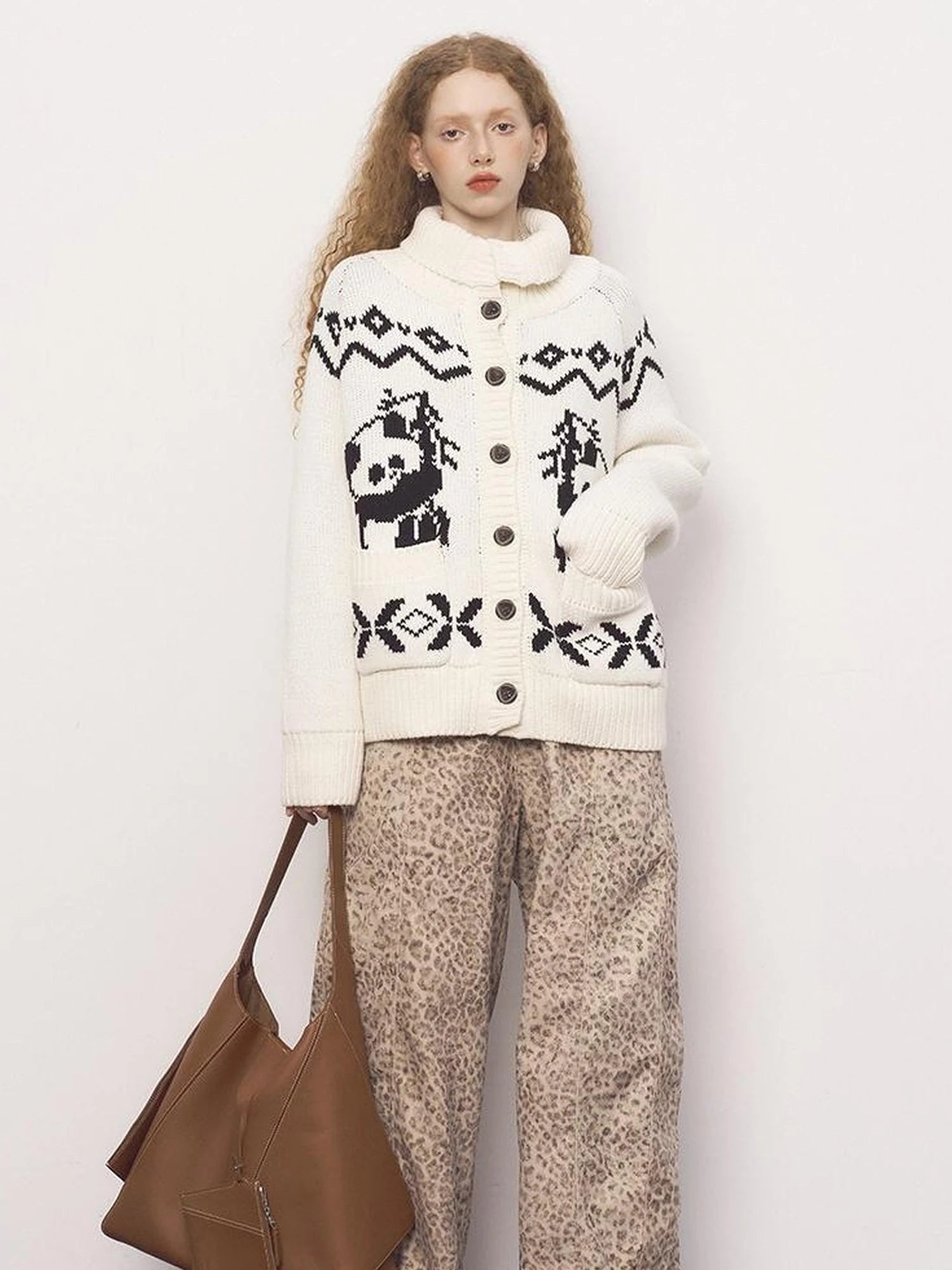 Panda Knit Cardigan Retro Cozy Fair Isle Sweater