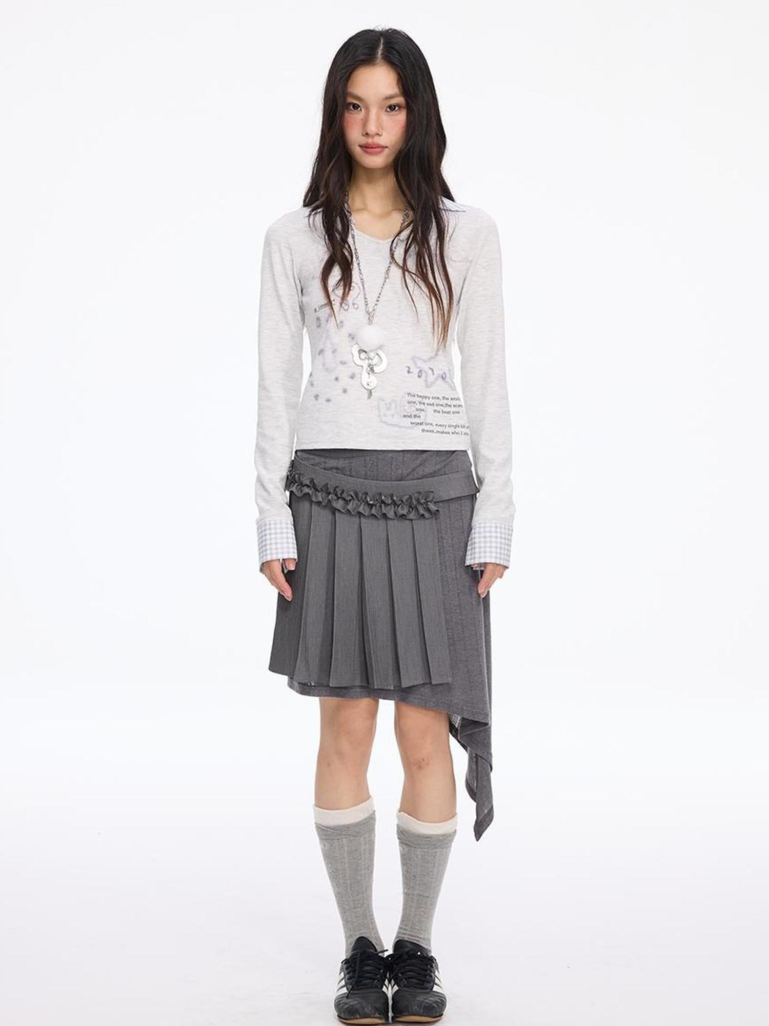 MOMSYCAN FOX LINE Patchwork Grid Collar Embroidered T Shirt With Soft Knit Fabric