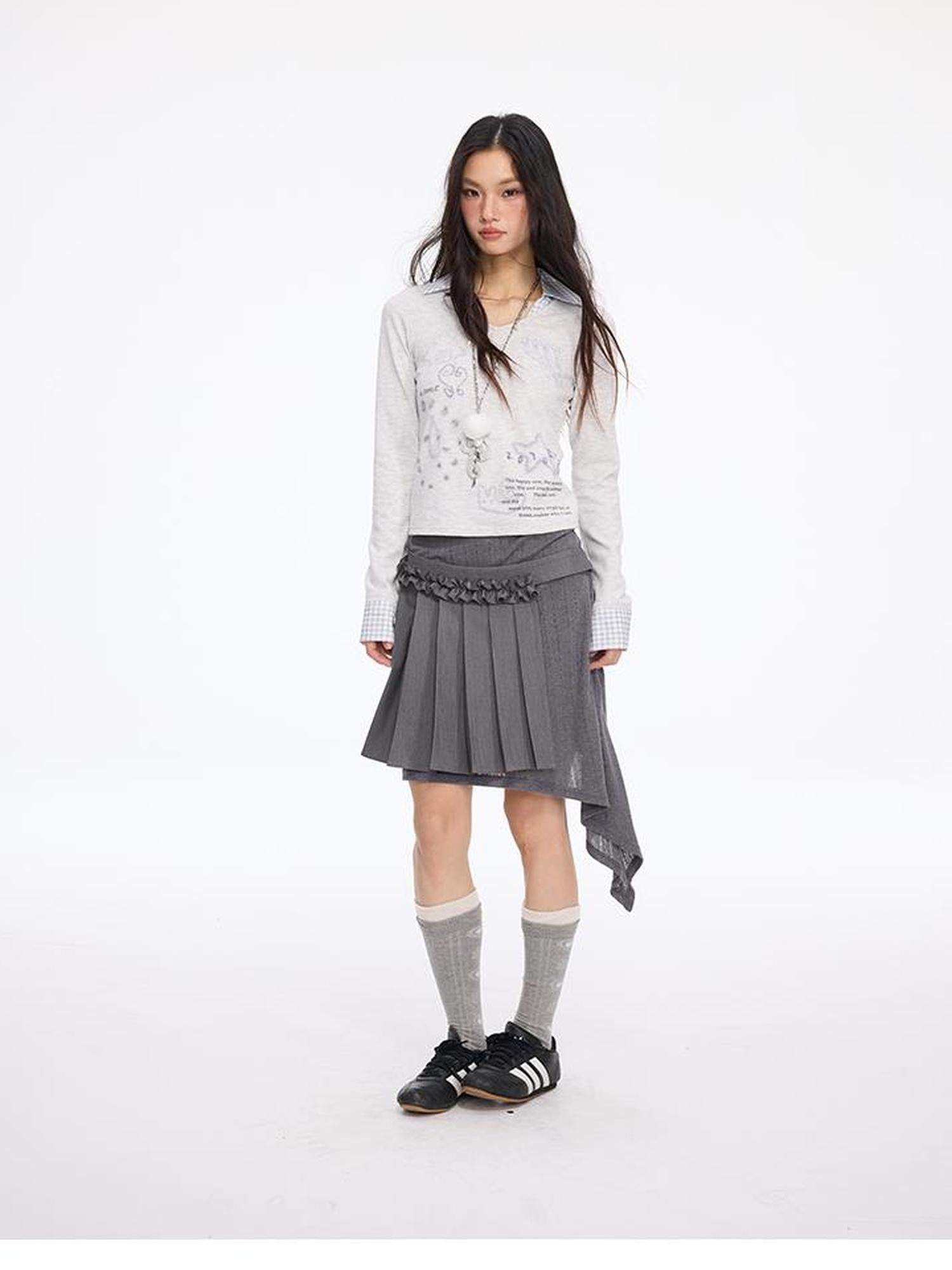 MOMSYCAN FOX LINE Patchwork Grid Collar Embroidered T Shirt With Soft Knit Fabric