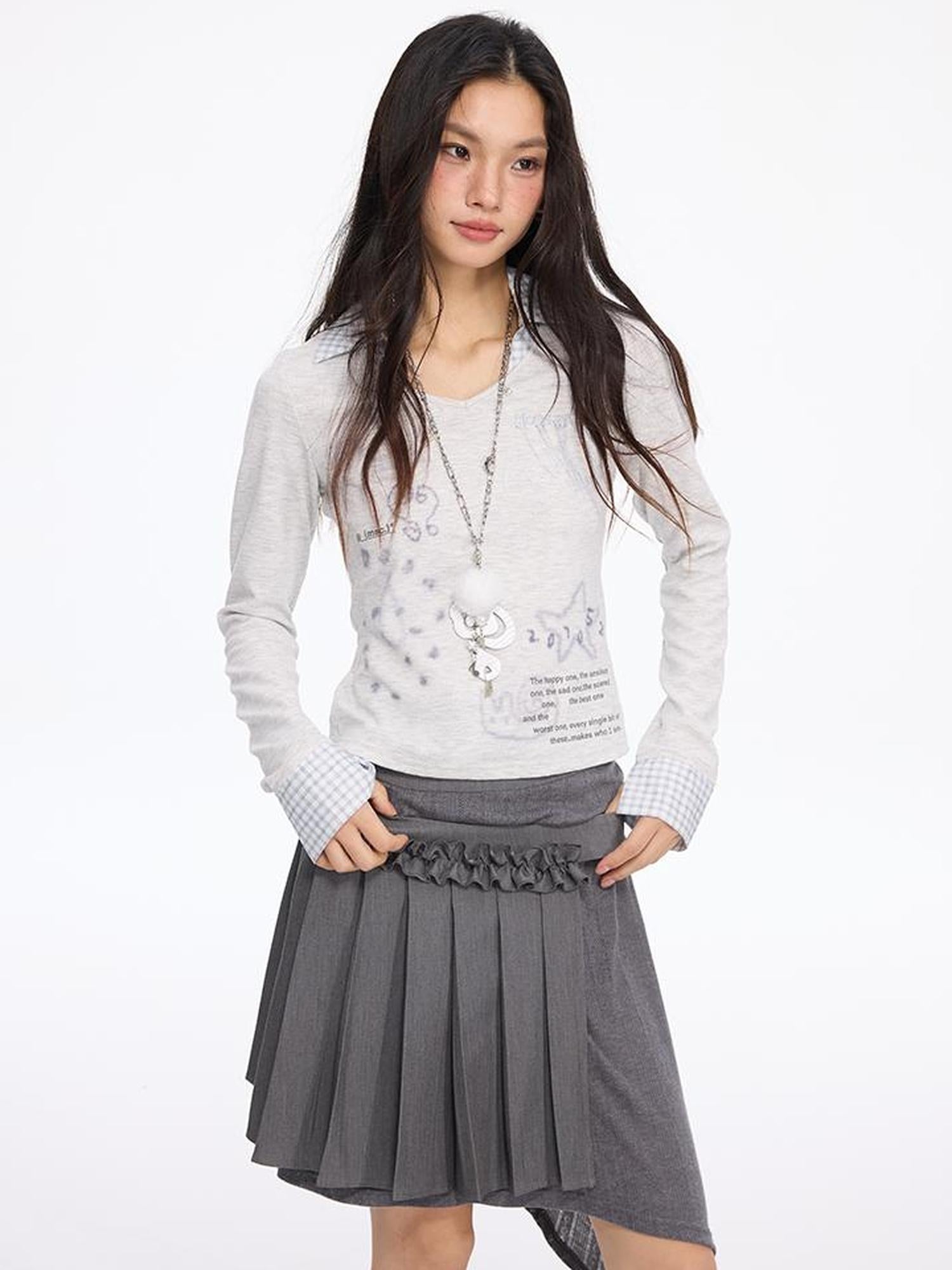 MOMSYCAN FOX LINE Patchwork Grid Collar Embroidered T Shirt With Soft Knit Fabric
