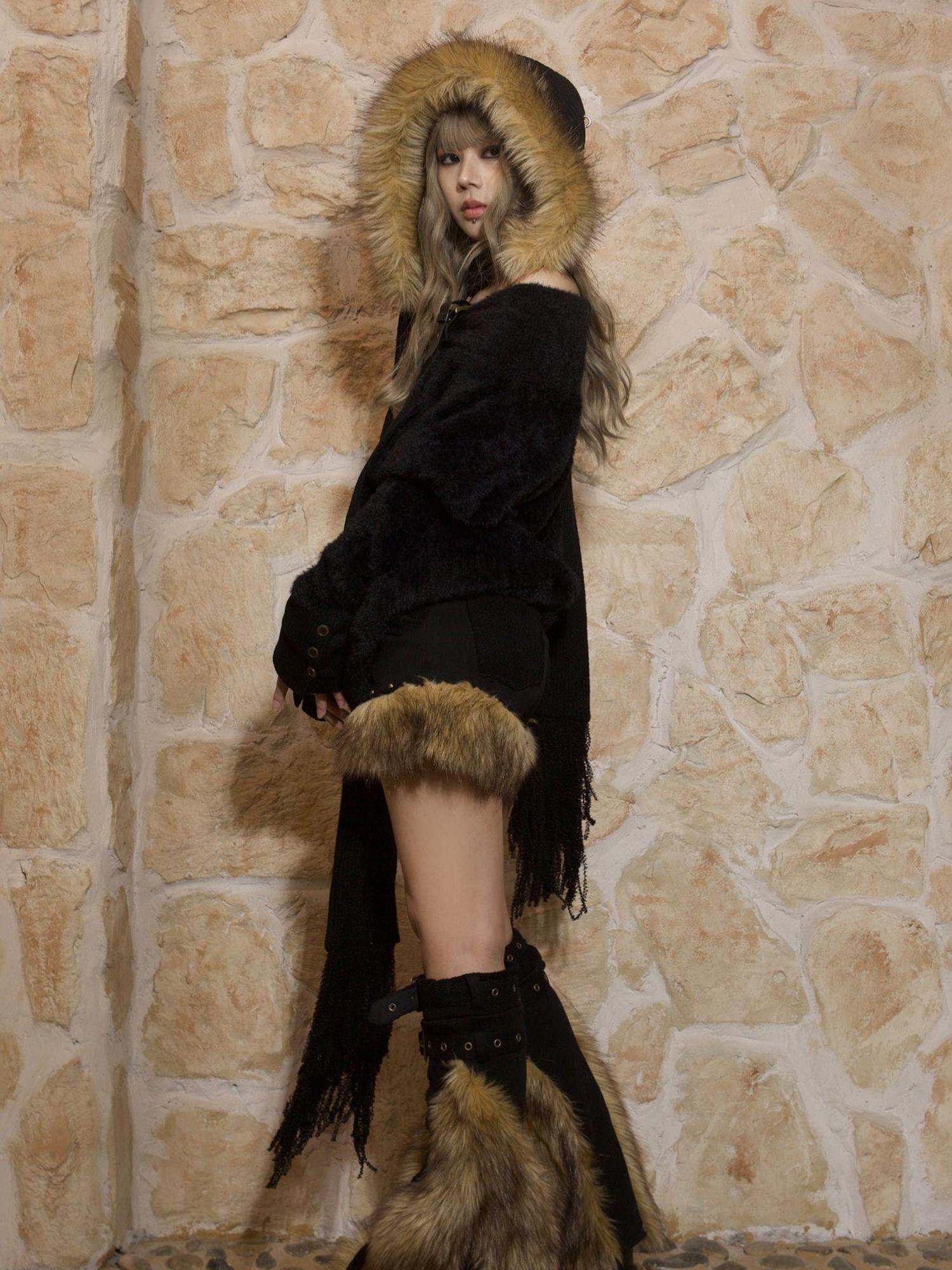 ARIADNAw Patchwork Plush Punk Shorts Irregular Wool Blend Streetwear