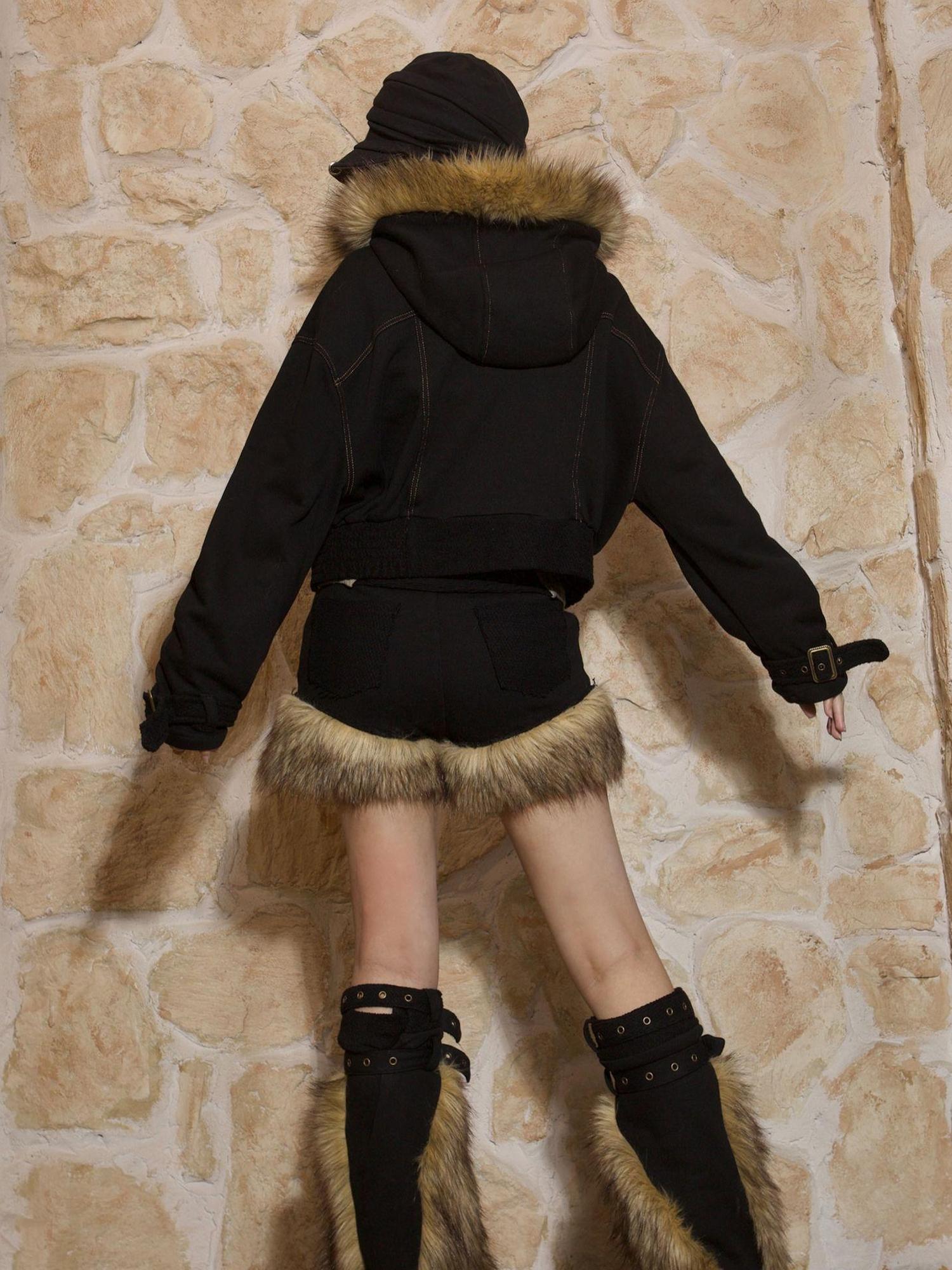 ARIADNAw Patchwork Plush Punk Shorts Irregular Wool Blend Streetwear