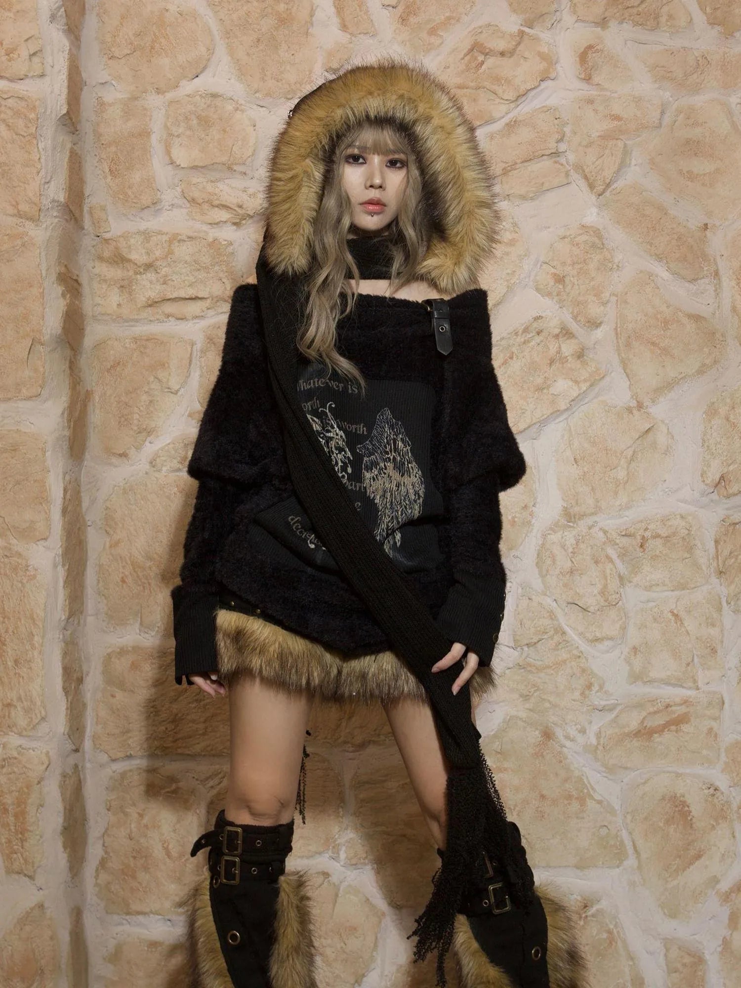 Patchwork Plush Punk Shorts Irregular Wool Blend Streetwear