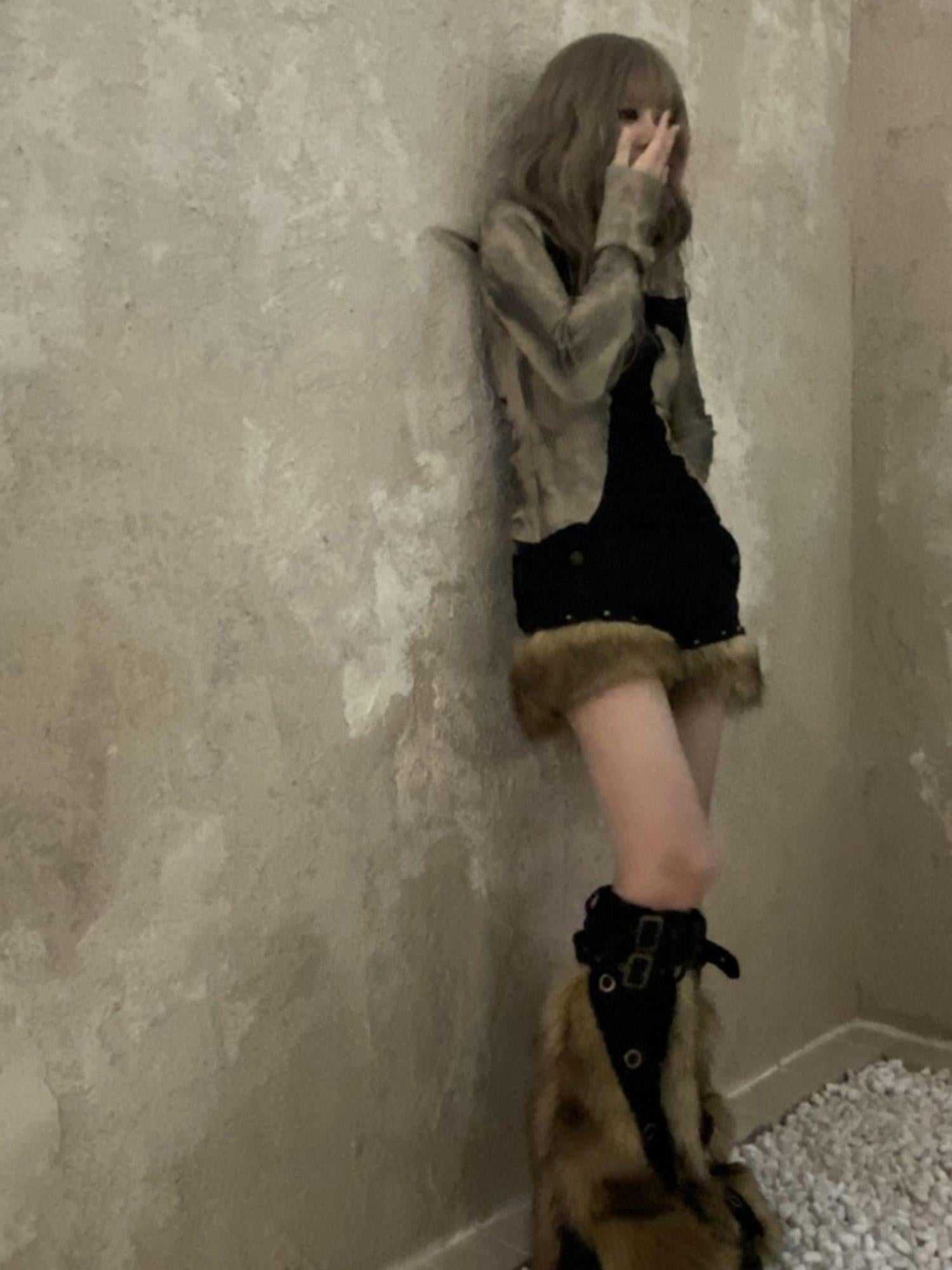 ARIADNAw Patchwork Plush Punk Shorts Irregular Wool Blend Streetwear