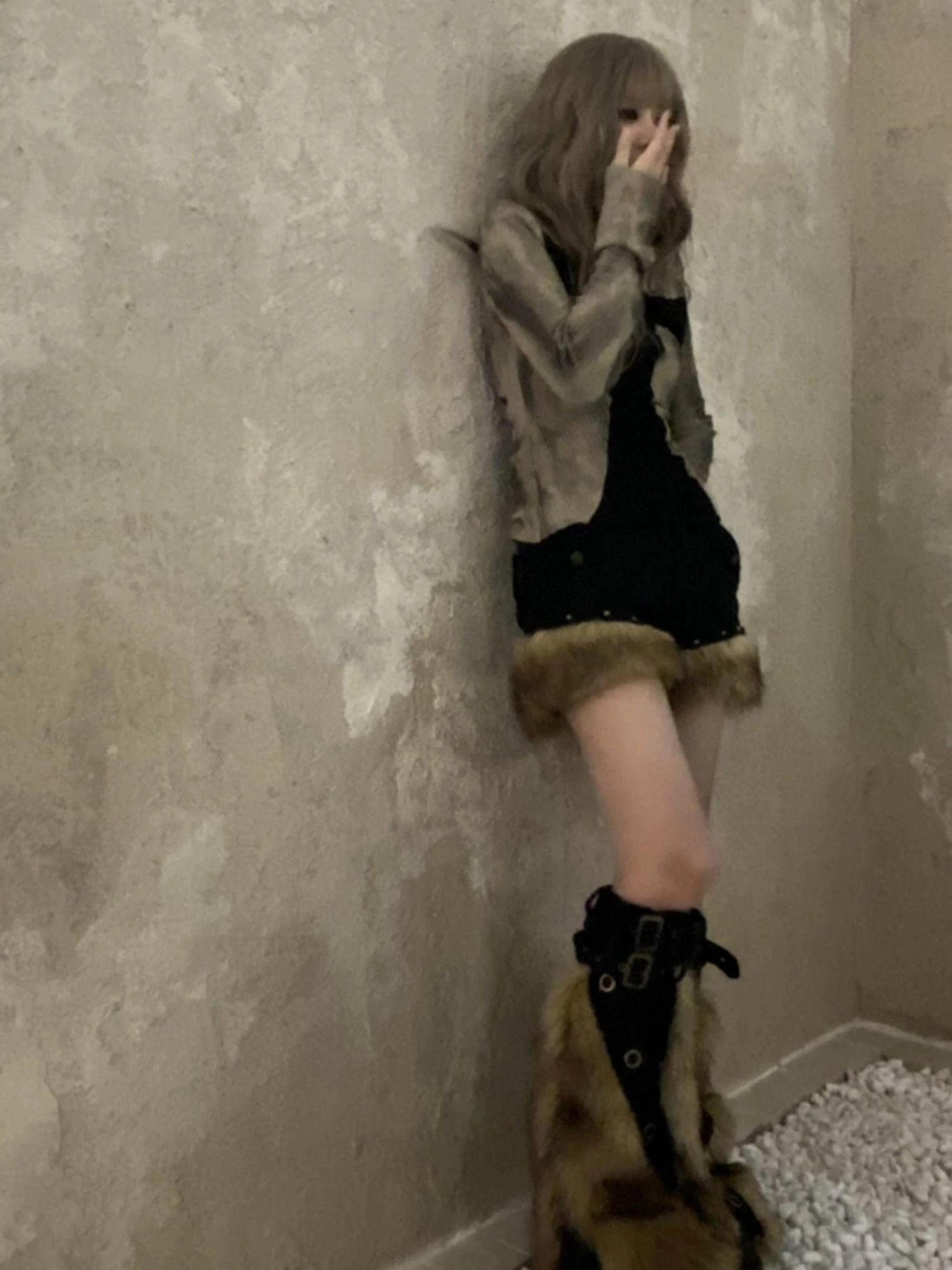 Patchwork Plush Punk Shorts Irregular Wool Blend Streetwear