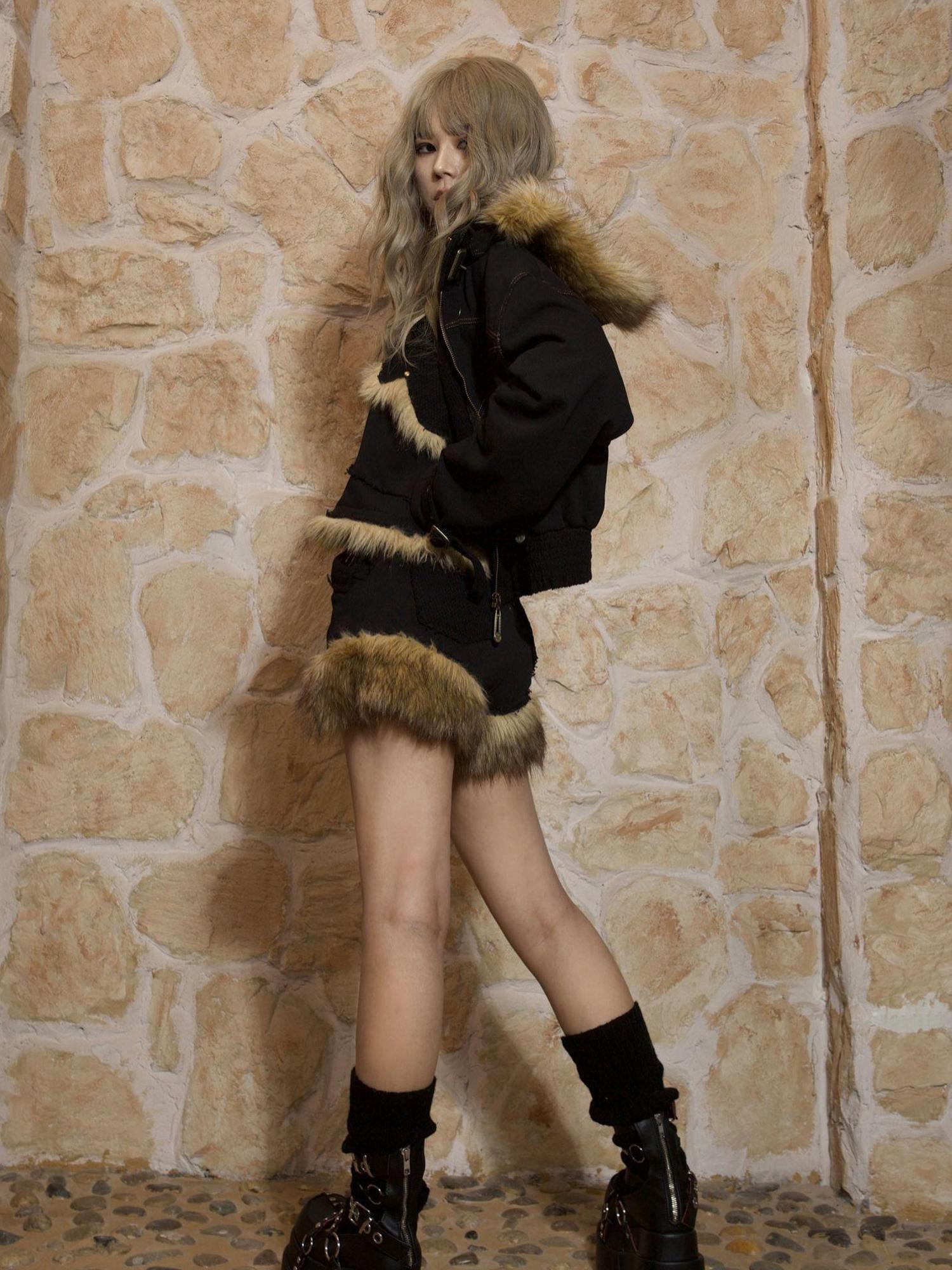 ARIADNAw Patchwork Plush Punk Shorts Irregular Wool Blend Streetwear