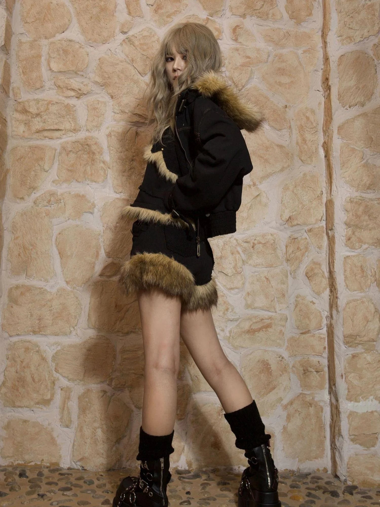 Patchwork Plush Punk Shorts Irregular Wool Blend Streetwear