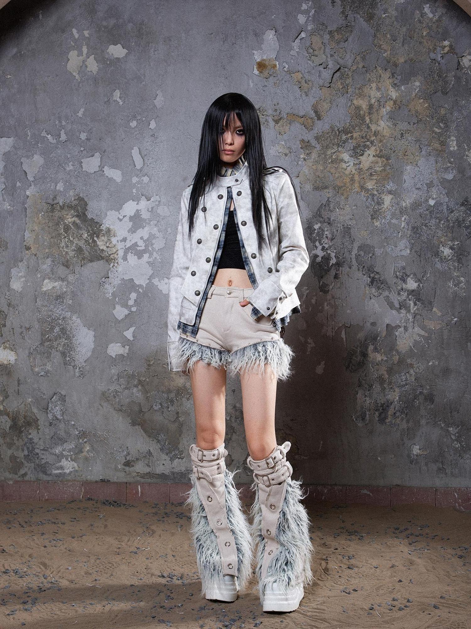 ARIADNAw Patchwork Wool Punk Shorts Deer Velvet Street Edge