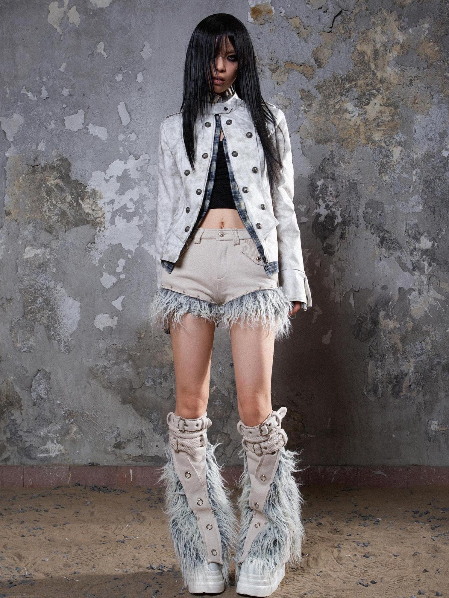 ARIADNAw Patchwork Wool Punk Shorts Deer Velvet Street Edge