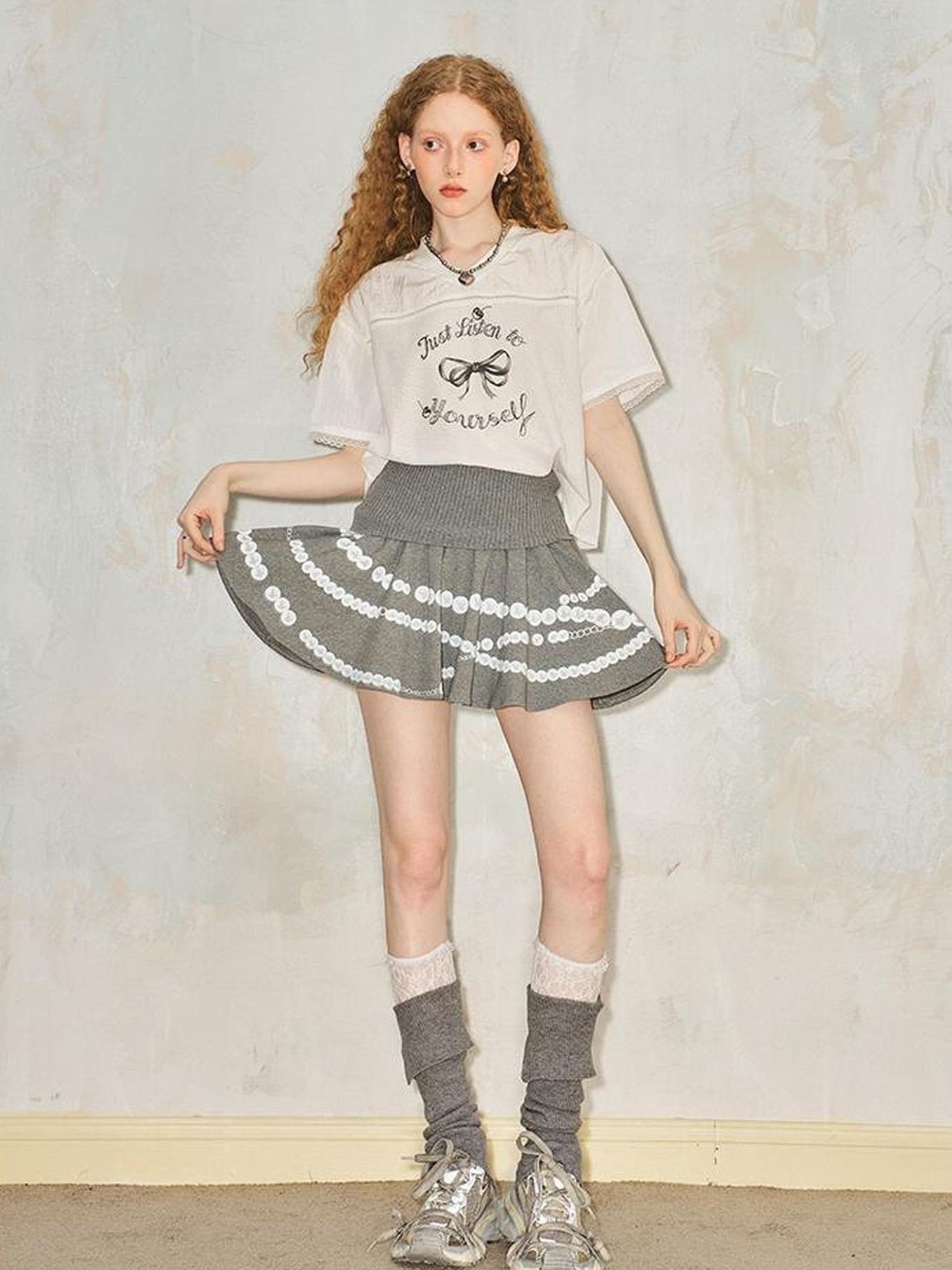 DIDDI MODA Pearl Necklace Print Knitted Pleated Skirt