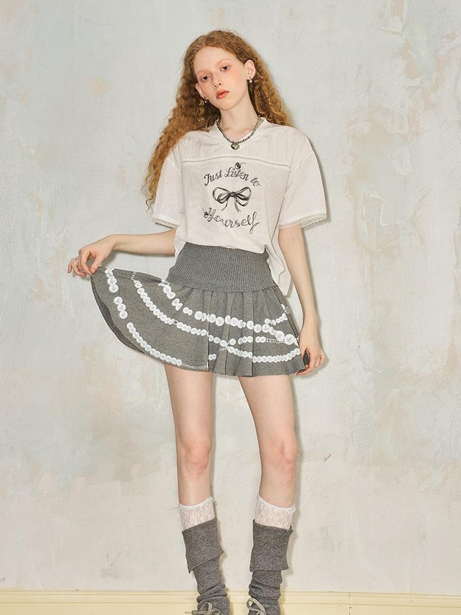 DIDDI MODA Pearl Necklace Print Knitted Pleated Skirt