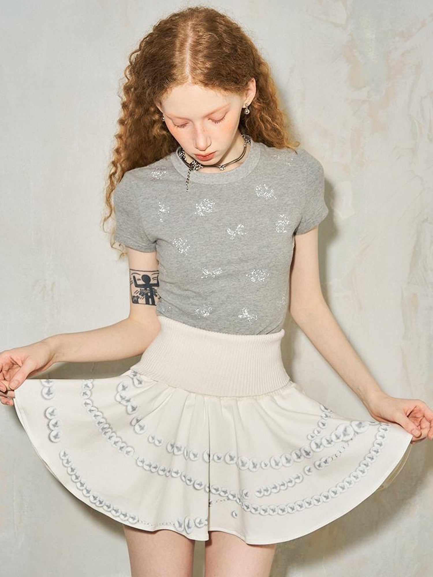 DIDDI MODA Pearl Necklace Print Knitted Pleated Skirt